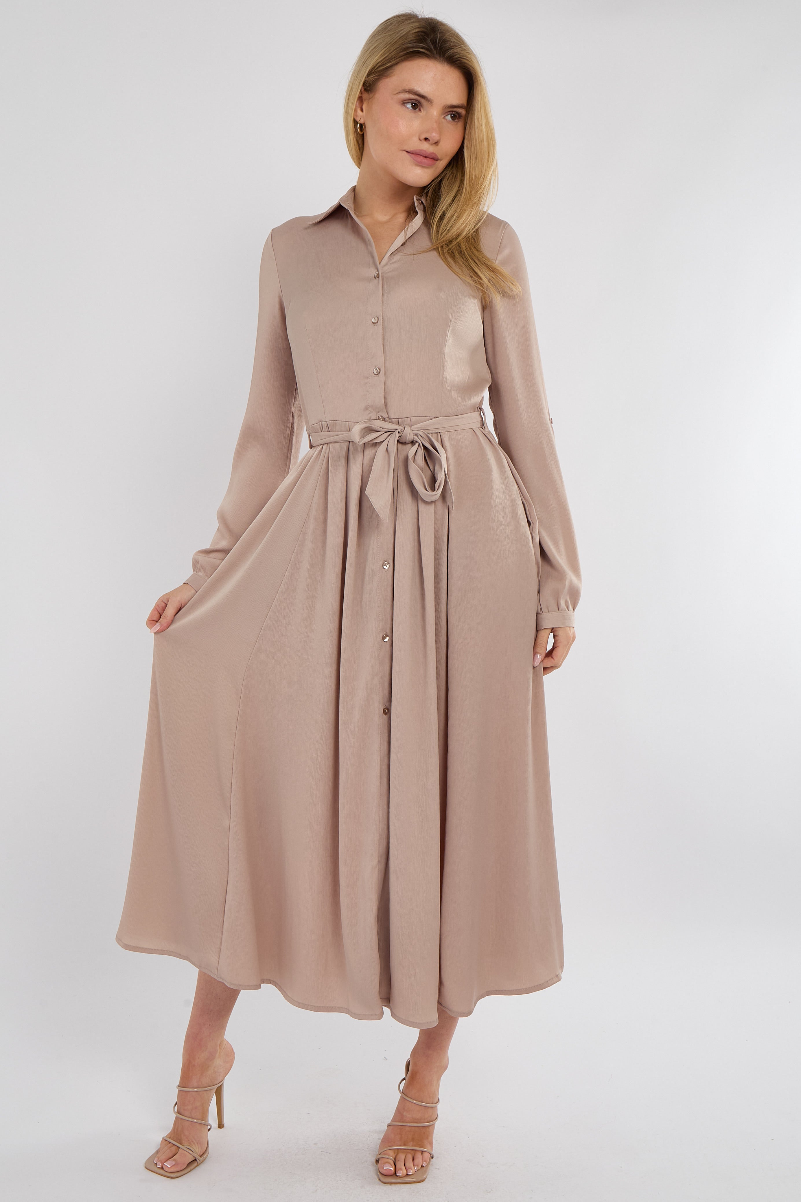 8Pcs Champagne Layered Satin Long Sleeve Maxi Shirt Dress