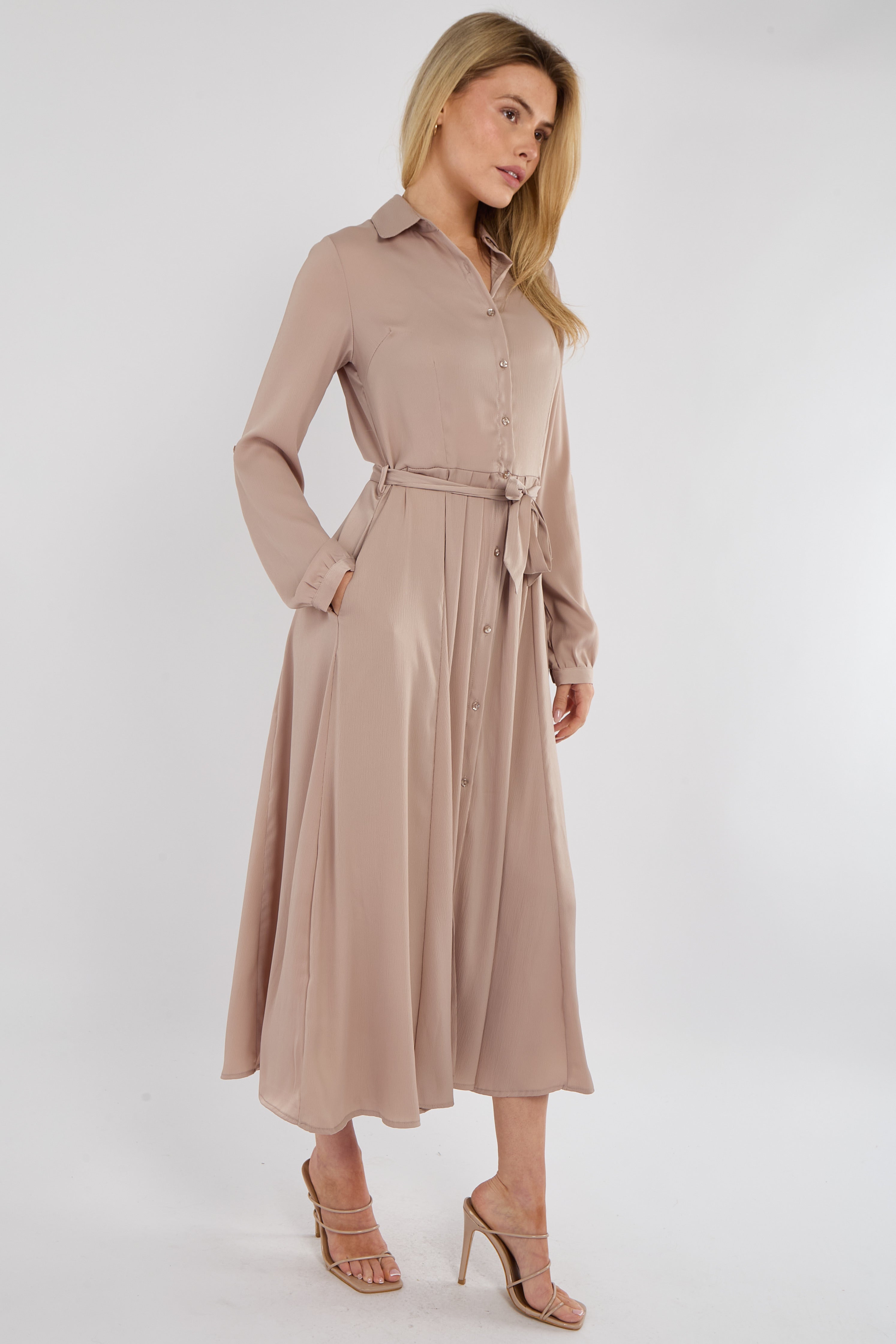 8Pcs Champagne Layered Satin Long Sleeve Maxi Shirt Dress