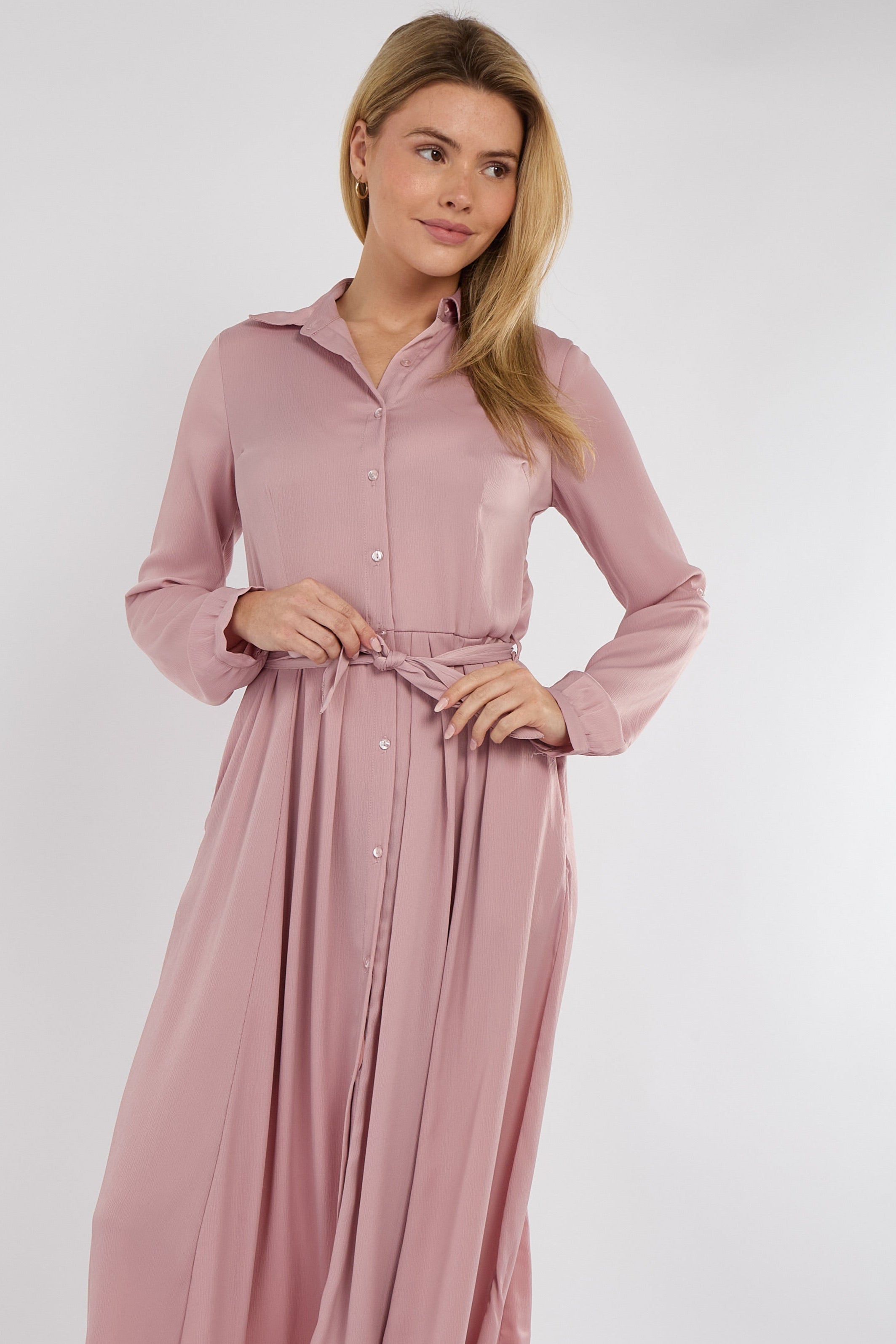 8Pcs Pink Layer Satin Long Sleeve Maxi Shirt Dress