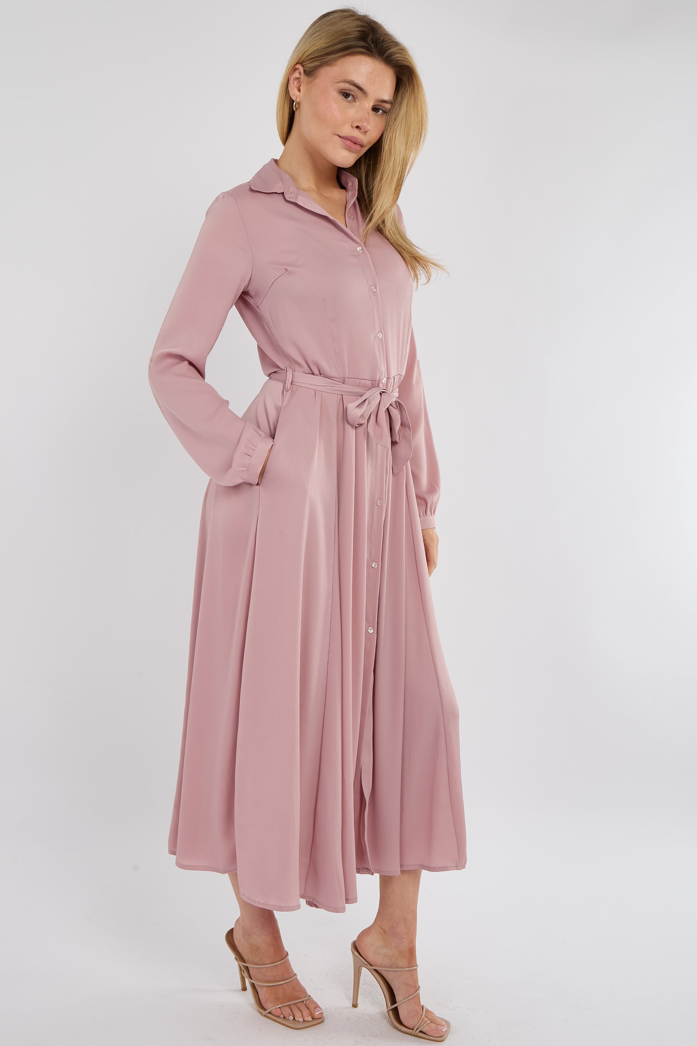 8Pcs Pink Layer Satin Long Sleeve Maxi Shirt Dress