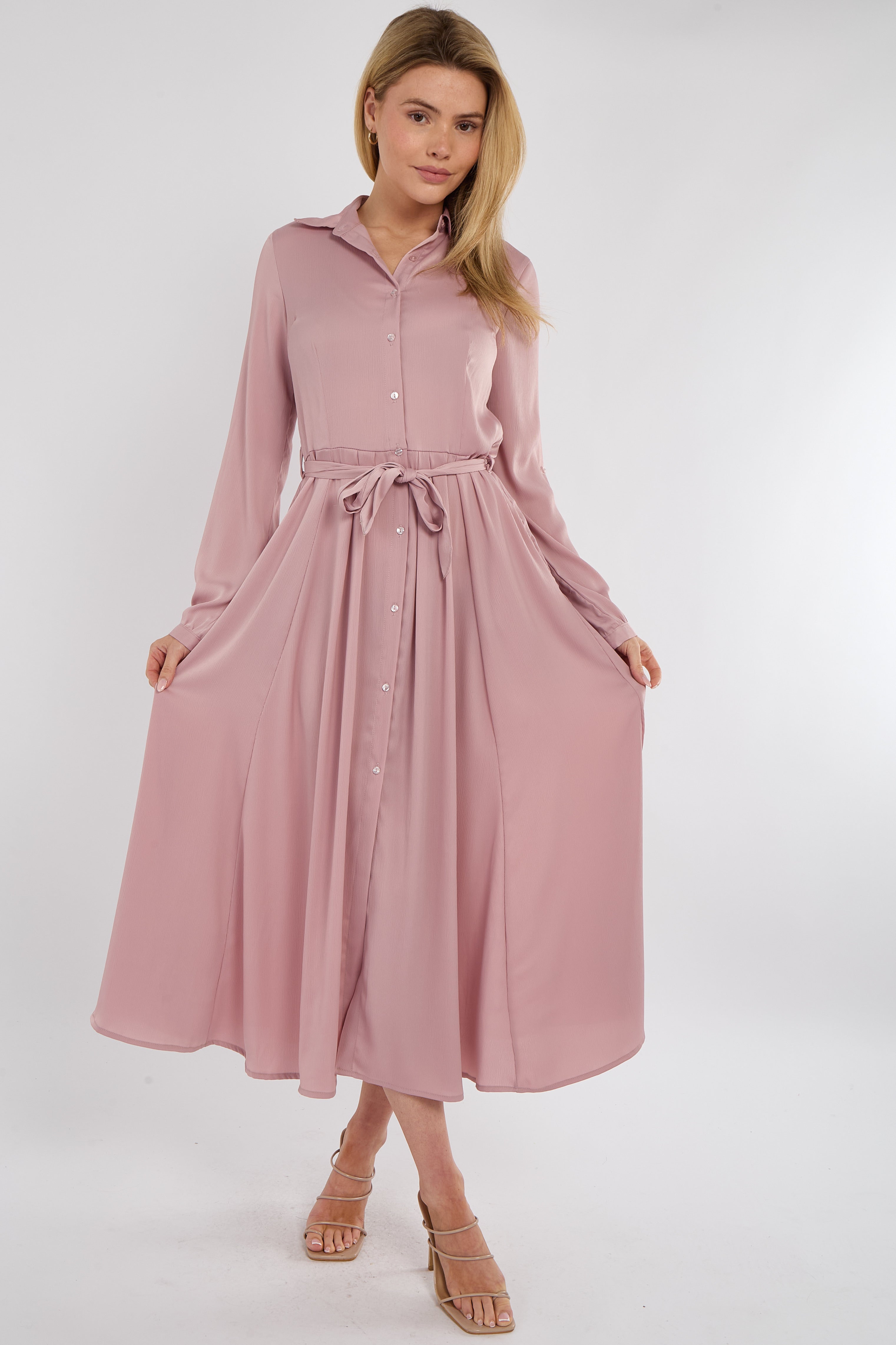 8Pcs Pink Layer Satin Long Sleeve Maxi Shirt Dress