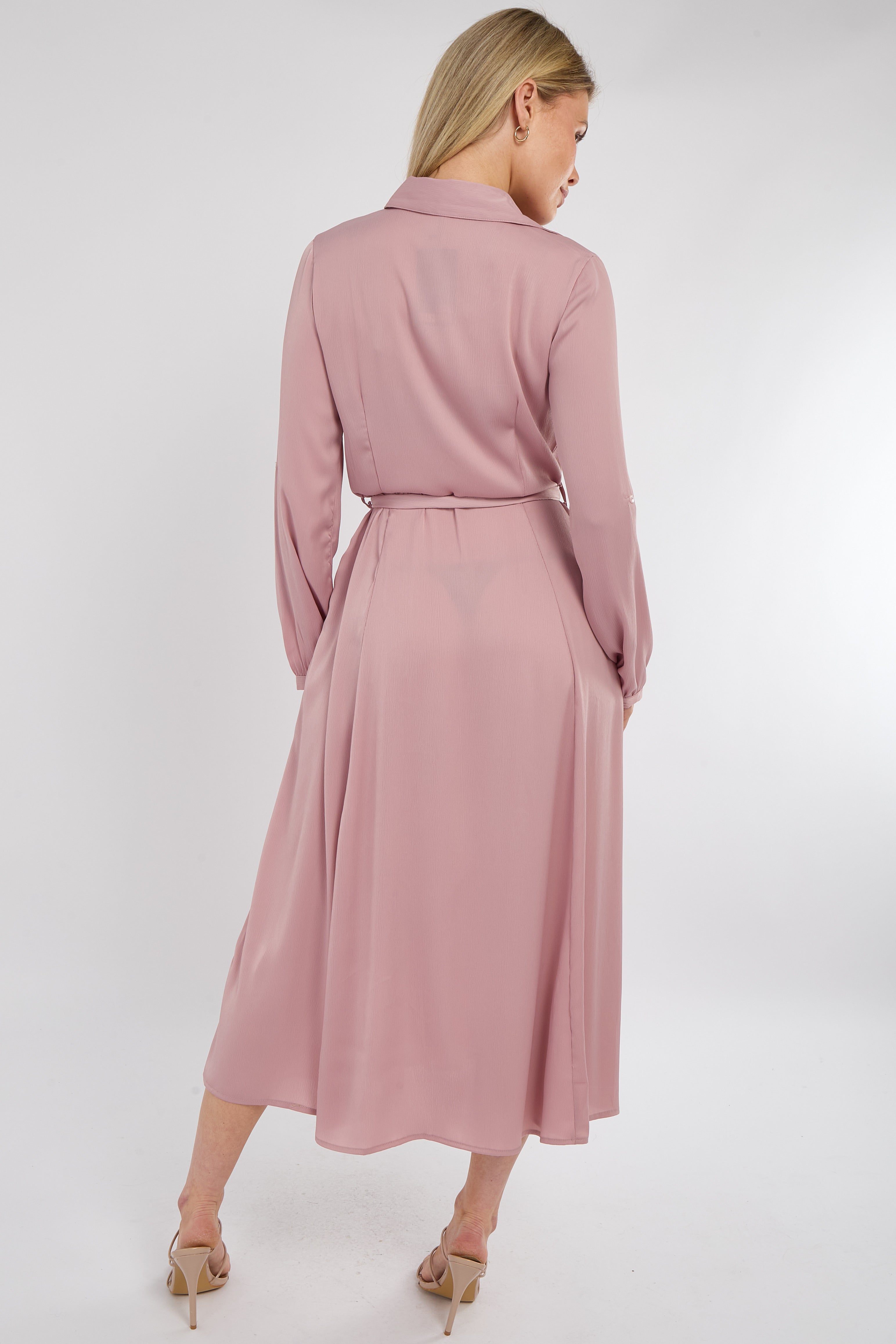 8Pcs Pink Layer Satin Long Sleeve Maxi Shirt Dress