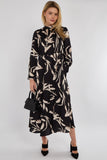 6Pcs Black Brushstroke Print Pleated Skirt Satin Maxi Dress