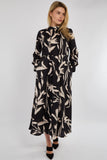 6Pcs Black Brushstroke Print Pleated Skirt Satin Maxi Dress