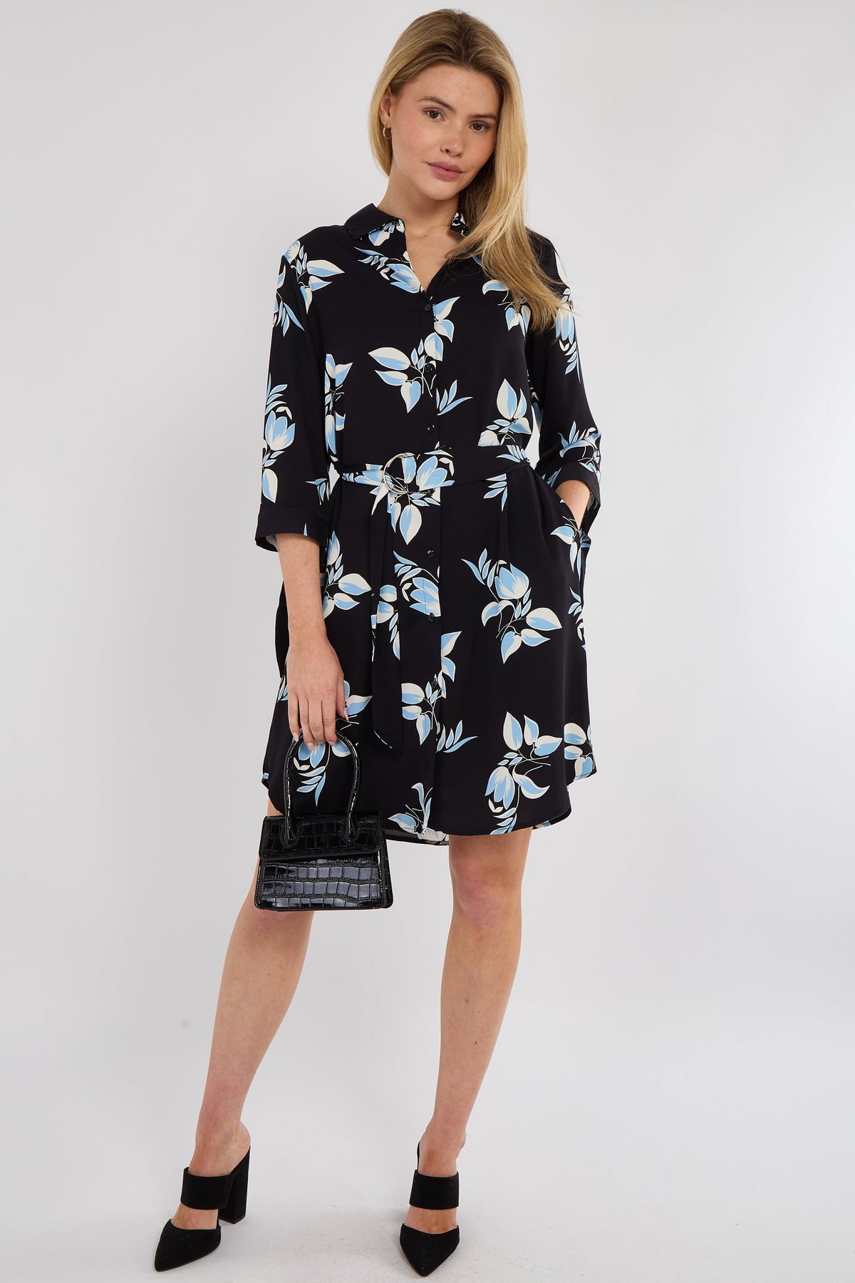 8Pcs Blue Leaf Print Half Sleeve Mini Shirt Dress