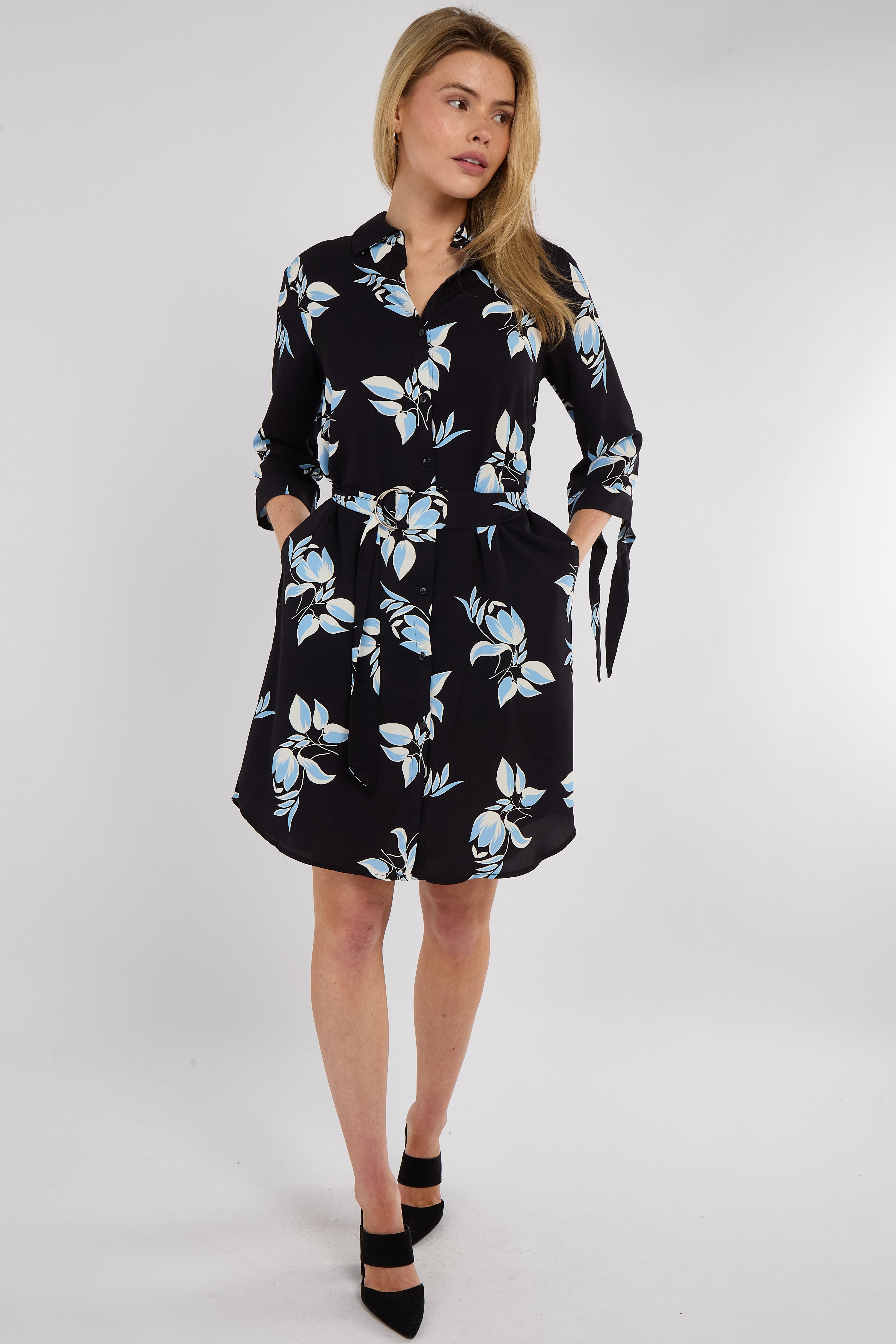 8Pcs Blue Leaf Print Half Sleeve Mini Shirt Dress