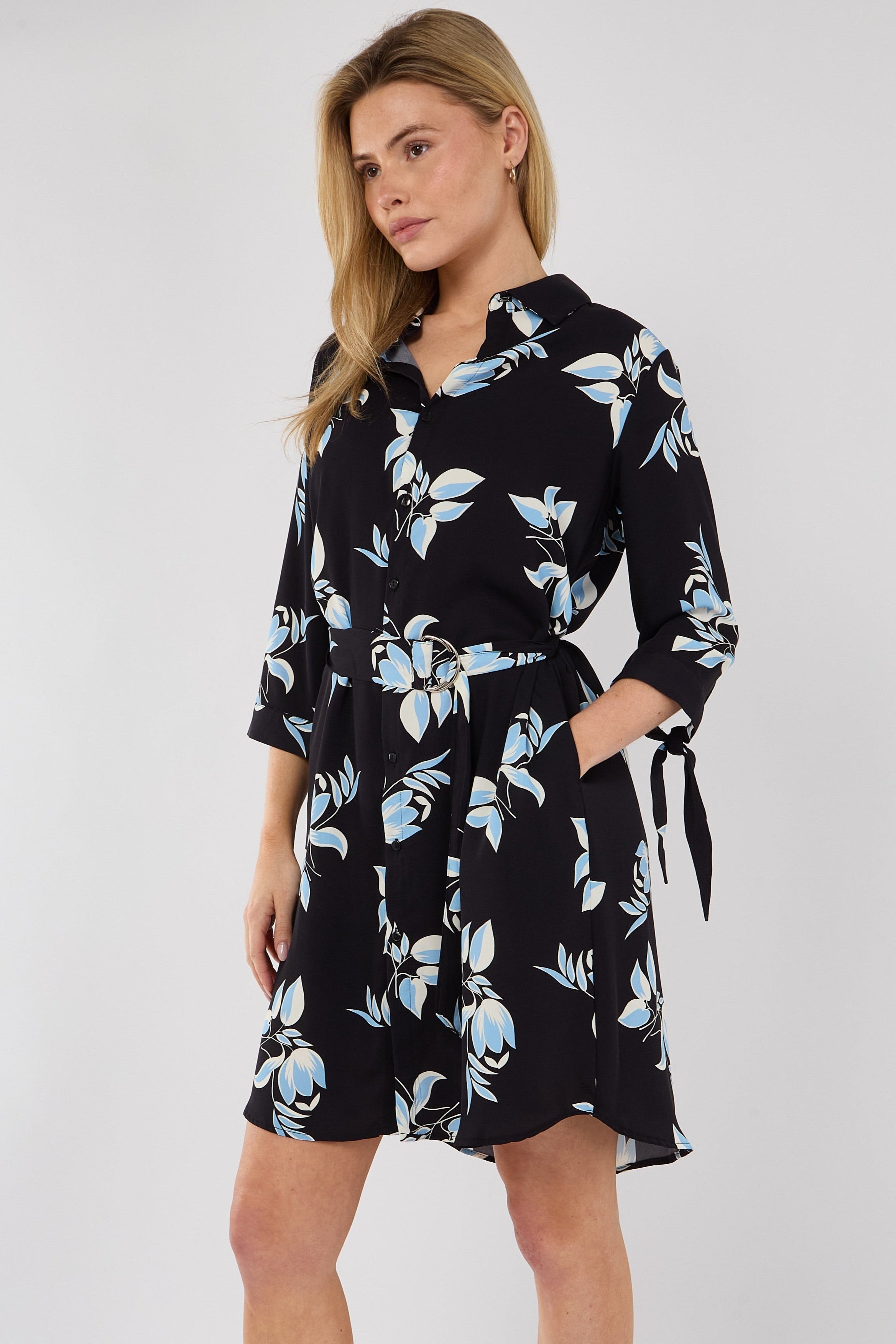 8Pcs Blue Leaf Print Half Sleeve Mini Shirt Dress