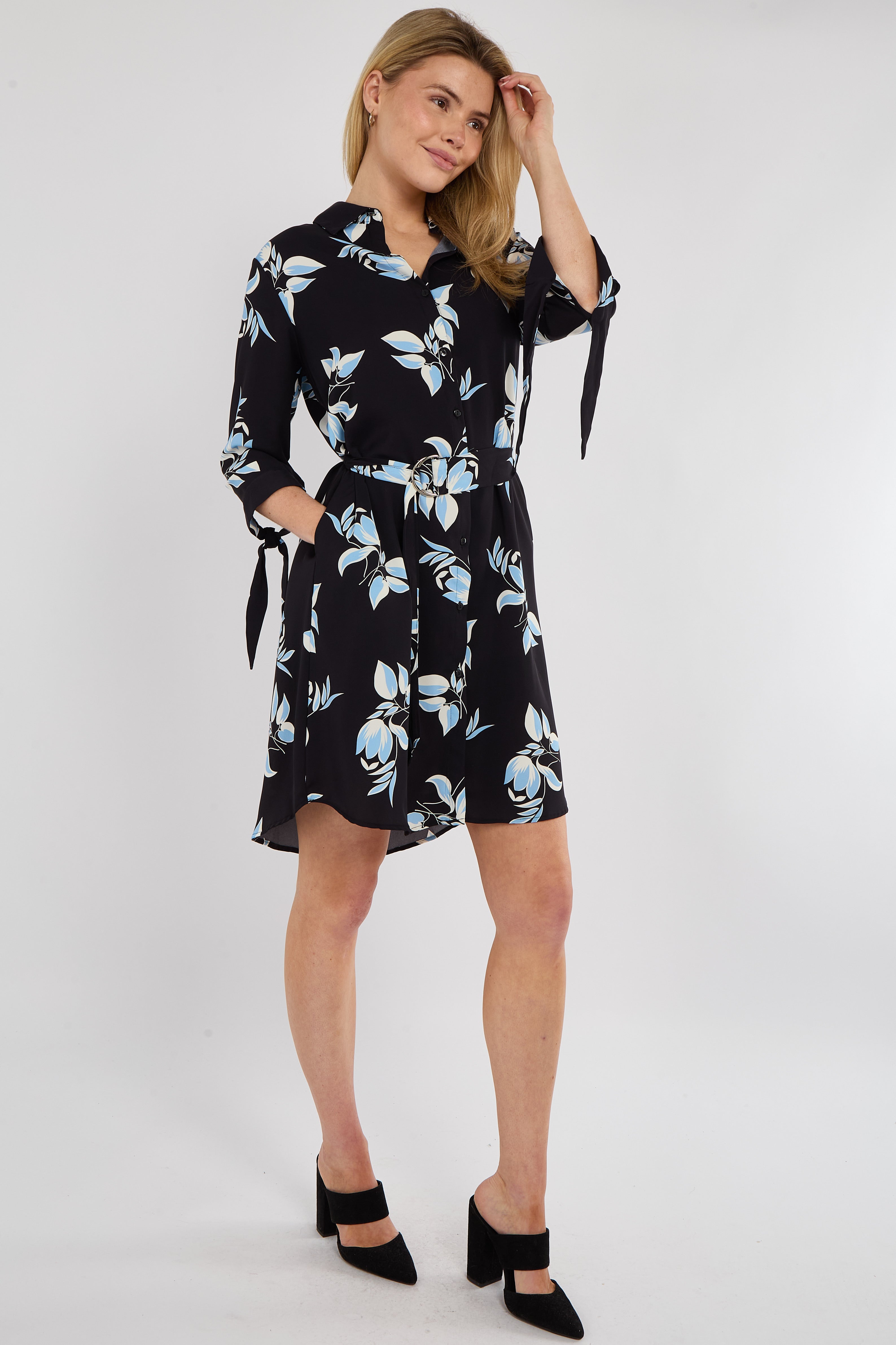 8Pcs Blue Leaf Print Half Sleeve Mini Shirt Dress