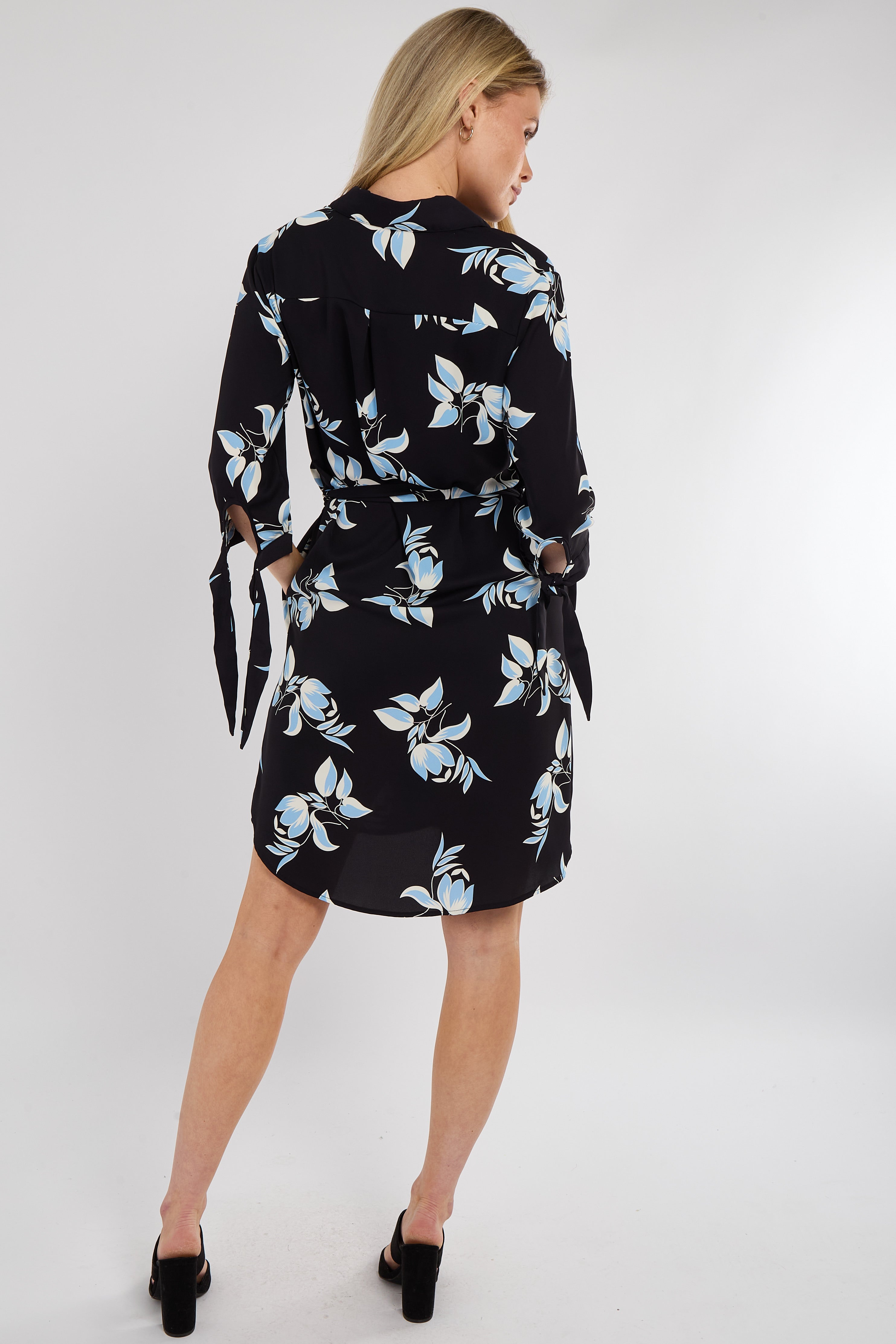 8Pcs Blue Leaf Print Half Sleeve Mini Shirt Dress