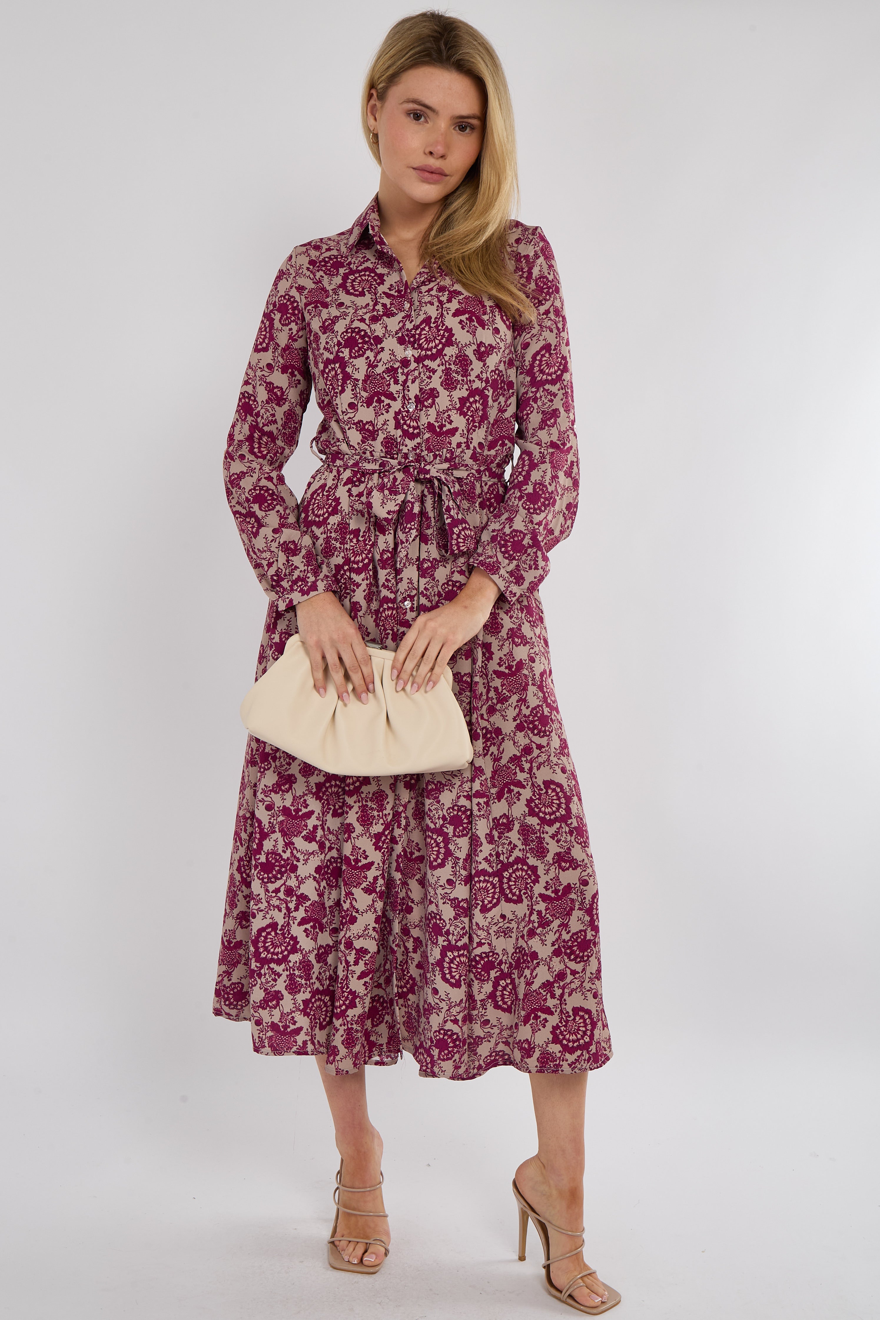 8Pcs Berry Floral Paisley Print Long Sleeve Maxi Shirt Dress
