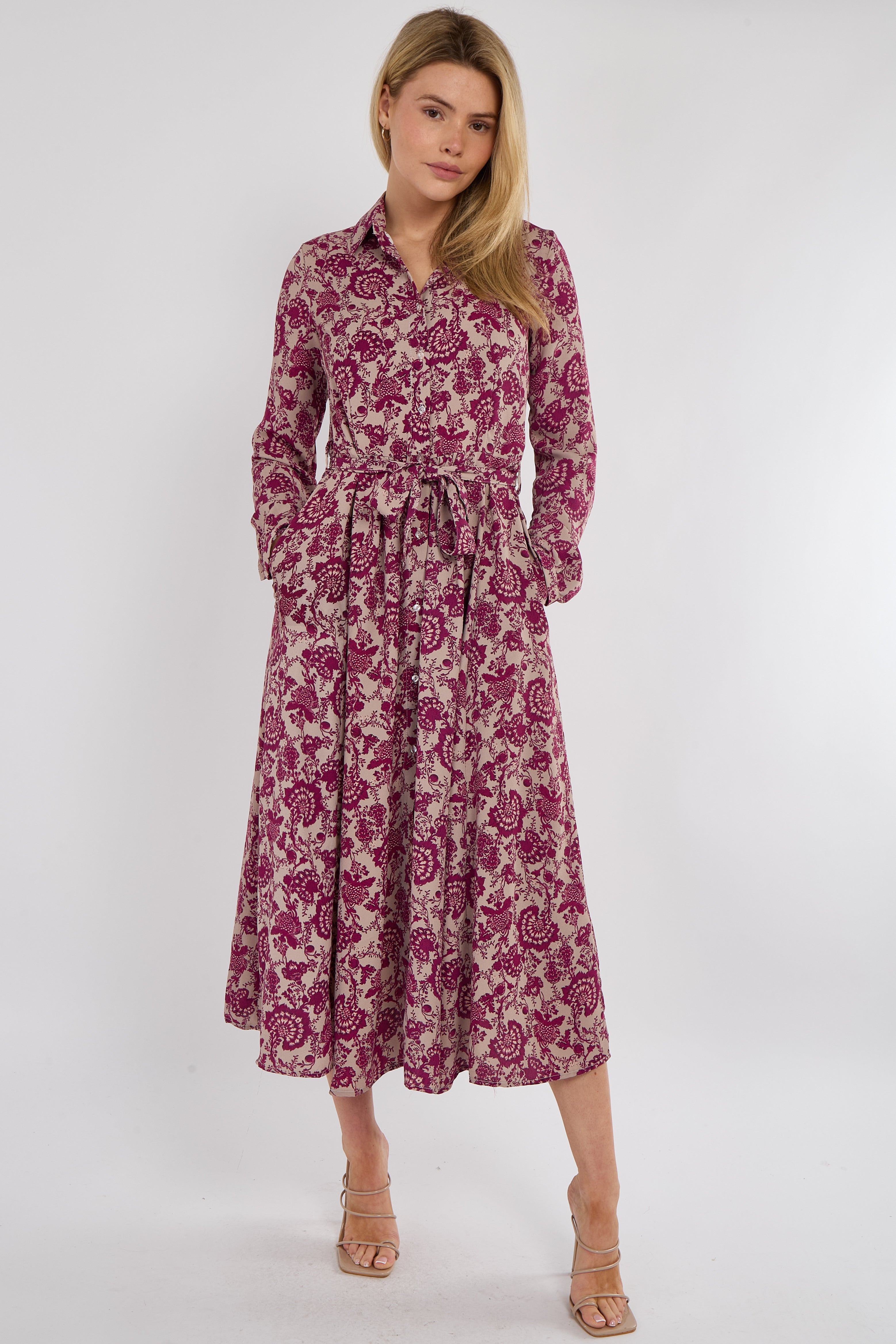 8Pcs Berry Floral Paisley Print Long Sleeve Maxi Shirt Dress