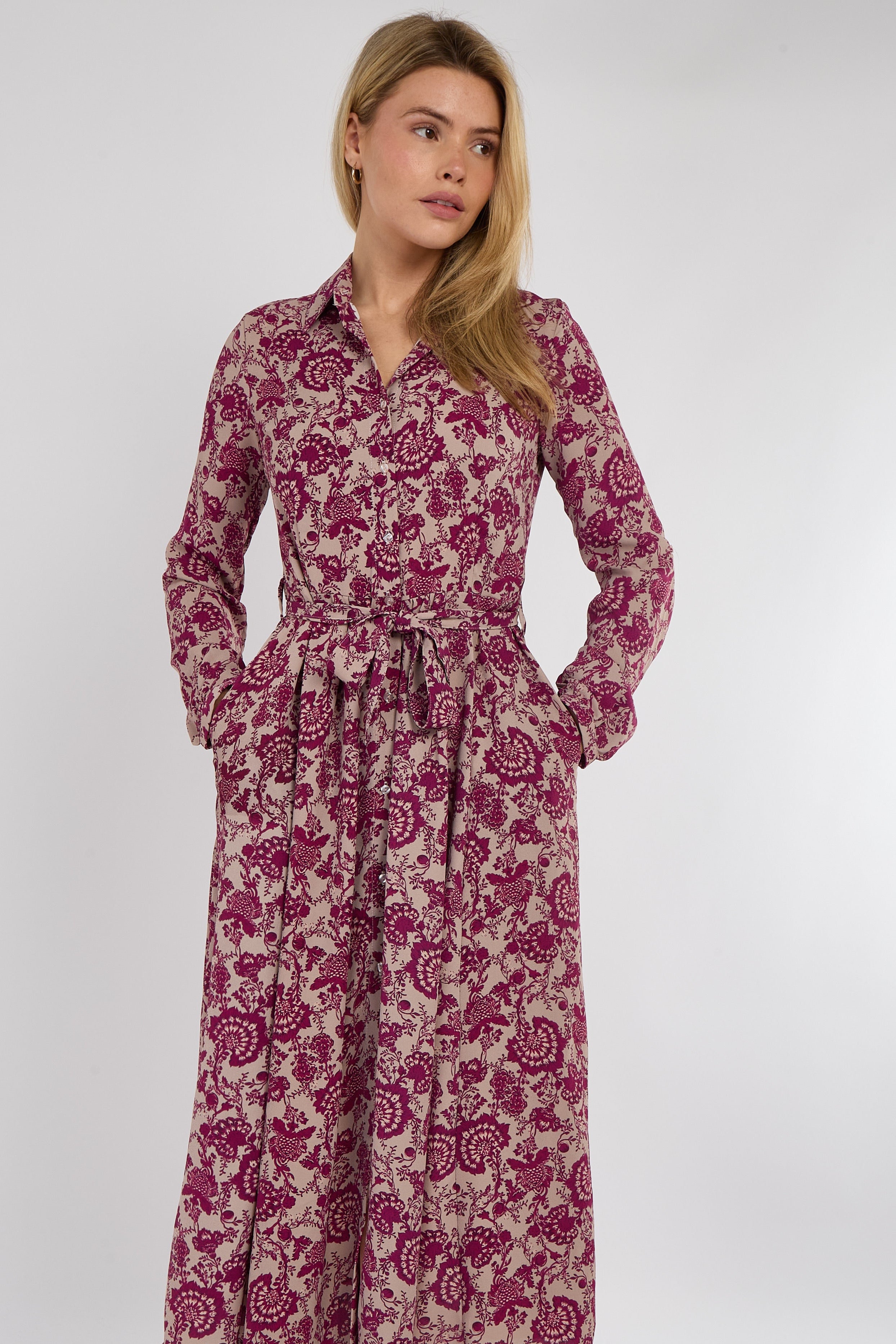 8Pcs Berry Floral Paisley Print Long Sleeve Maxi Shirt Dress