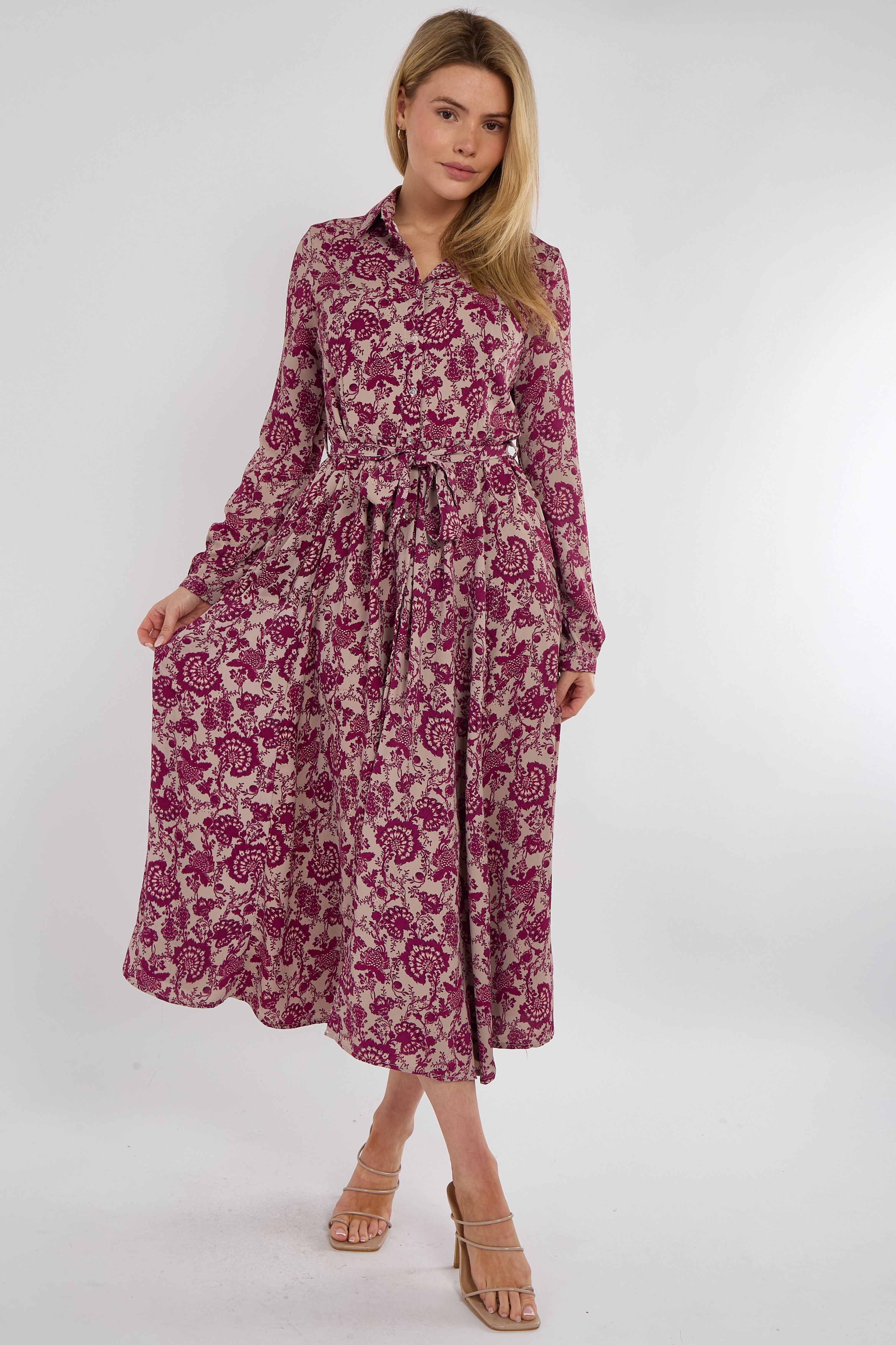 8Pcs Berry Floral Paisley Print Long Sleeve Maxi Shirt Dress