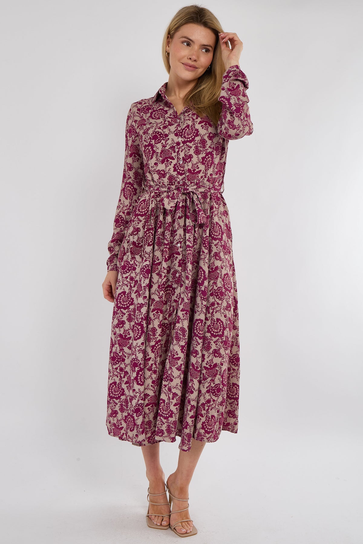 8Pcs Berry Floral Paisley Print Long Sleeve Maxi Shirt Dress