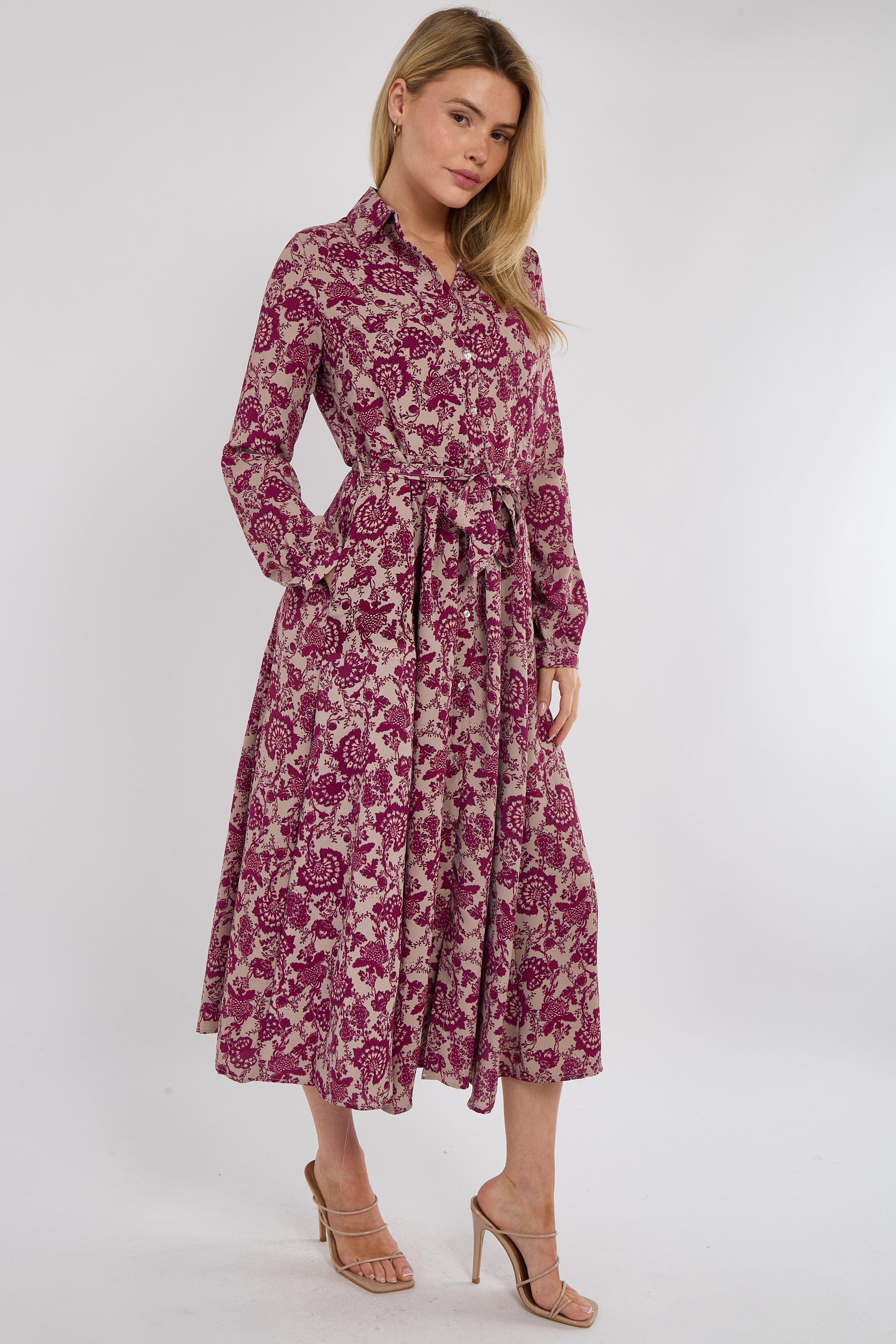 8Pcs Berry Floral Paisley Print Long Sleeve Maxi Shirt Dress