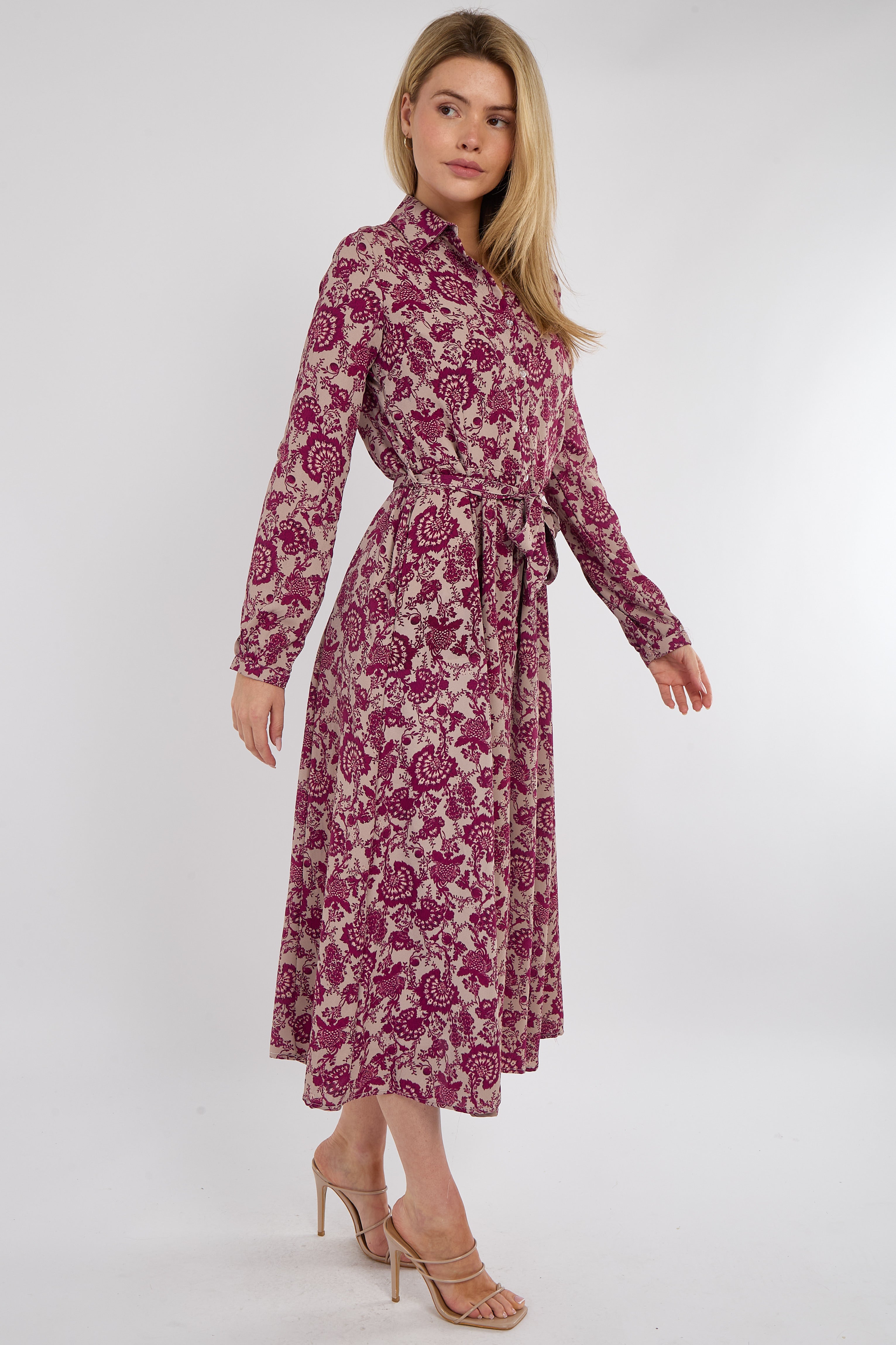 8Pcs Berry Floral Paisley Print Long Sleeve Maxi Shirt Dress