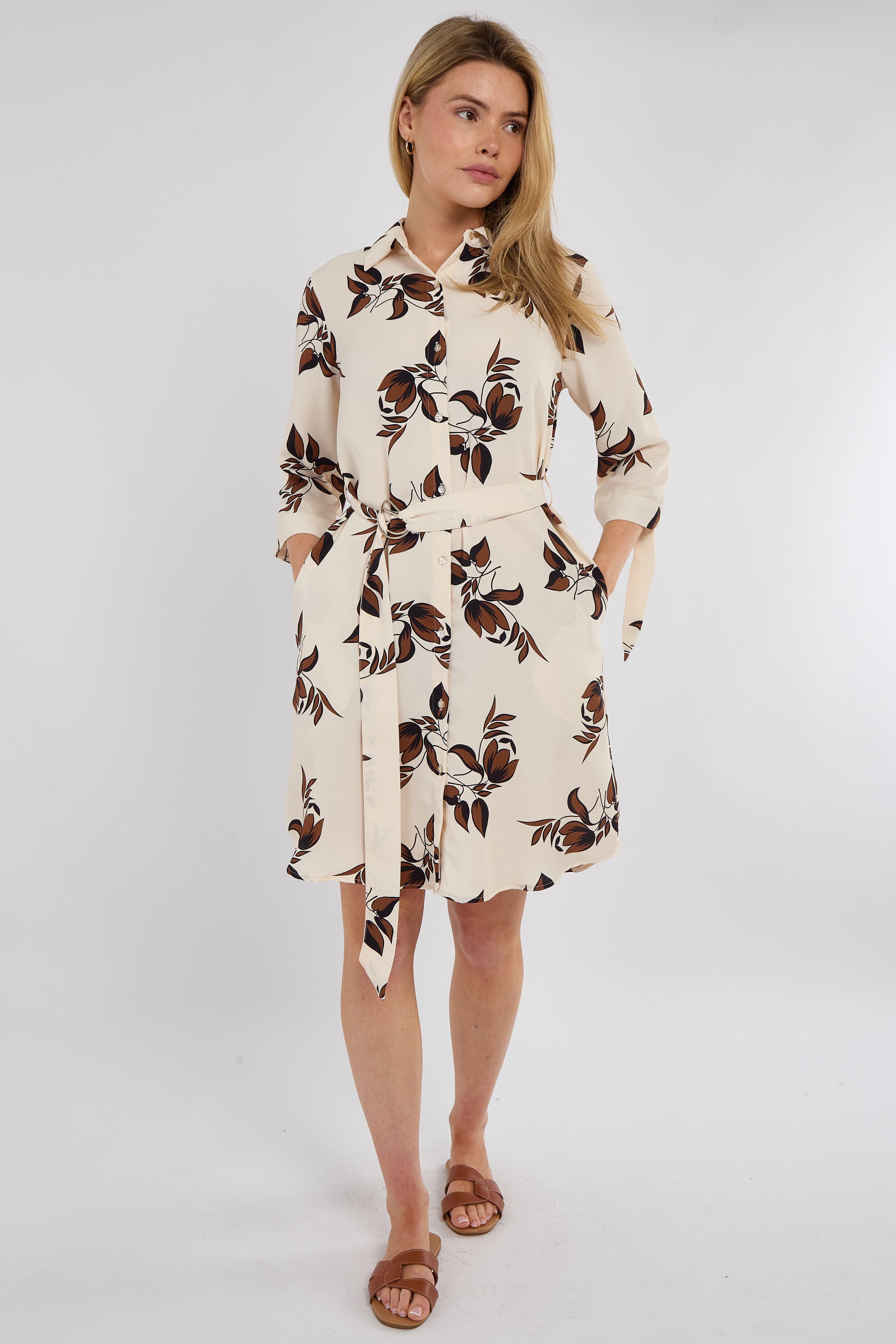 8Pcs Brown Leaf Print Half Sleeve Mini Shirt Dress