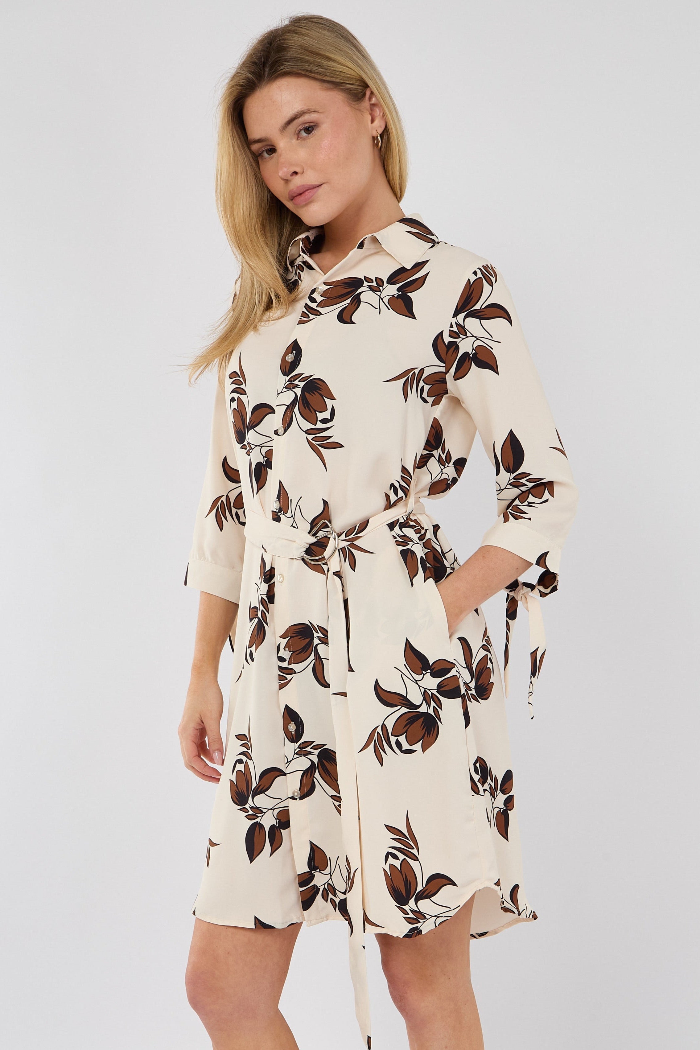 8Pcs Brown Leaf Print Half Sleeve Mini Shirt Dress