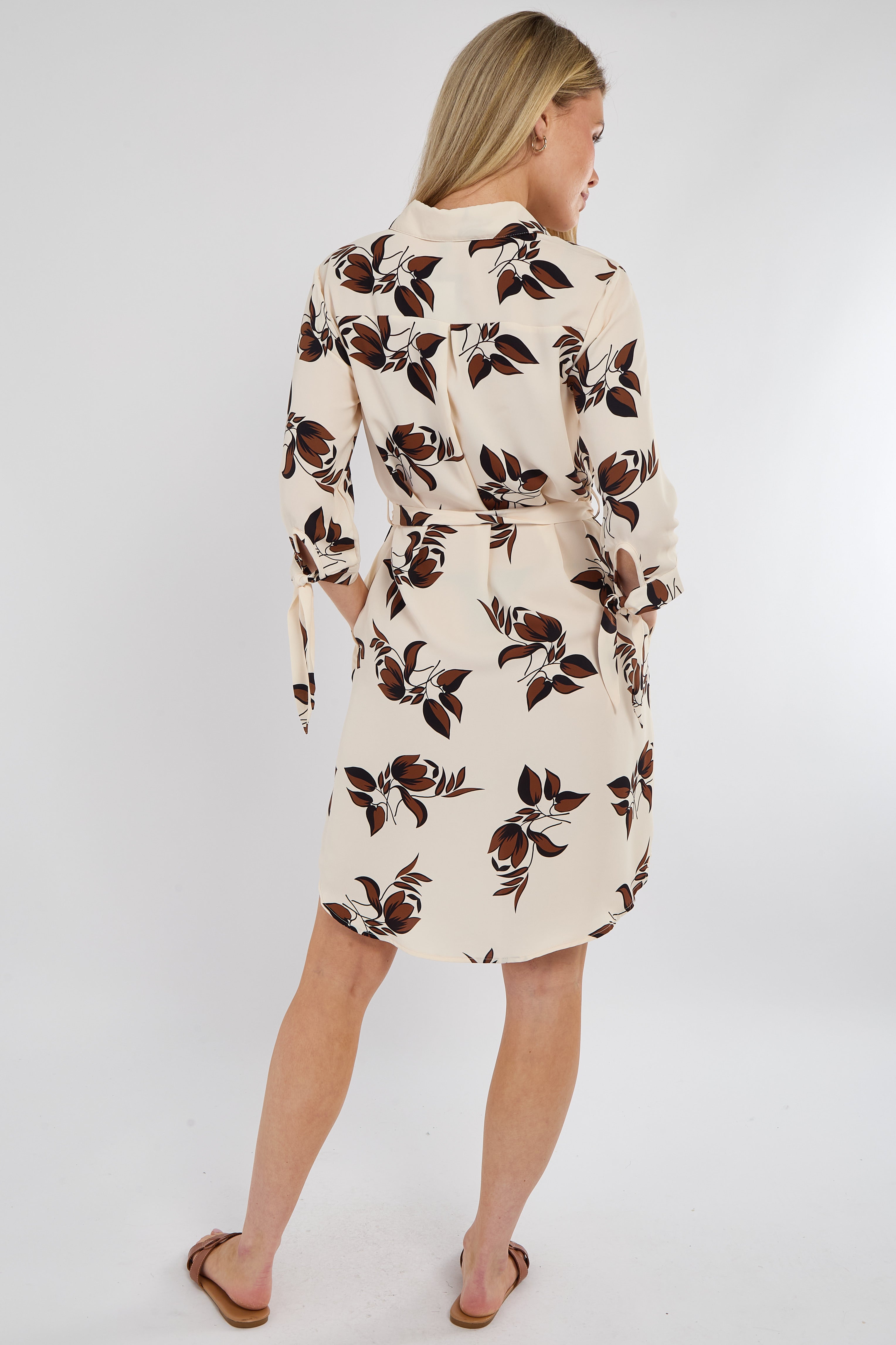8Pcs Brown Leaf Print Half Sleeve Mini Shirt Dress