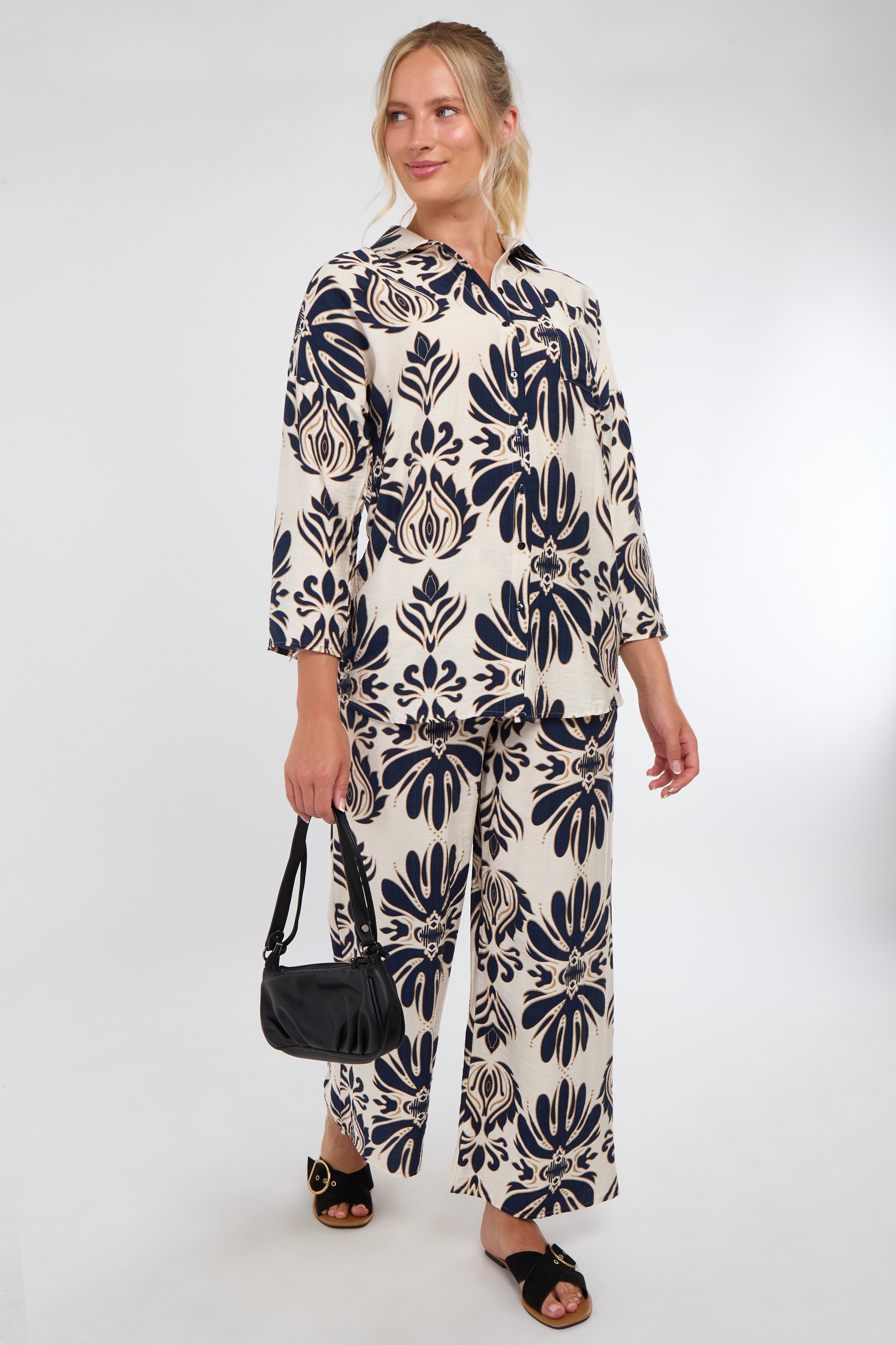 6Pcs Cream and Navy Bold Floral Print Co-Ord Set