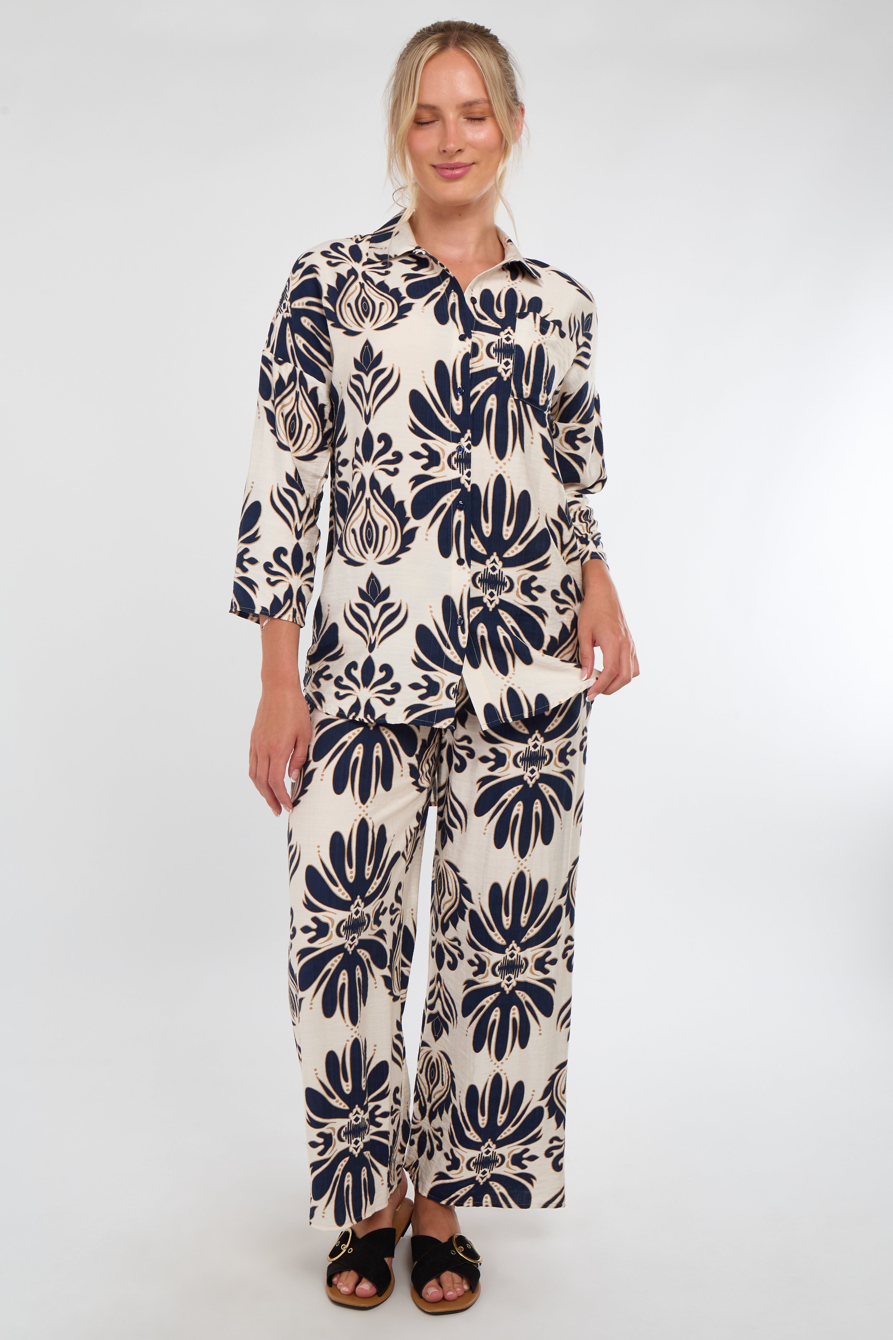 6Pcs Cream and Navy Bold Floral Print Co-Ord Set