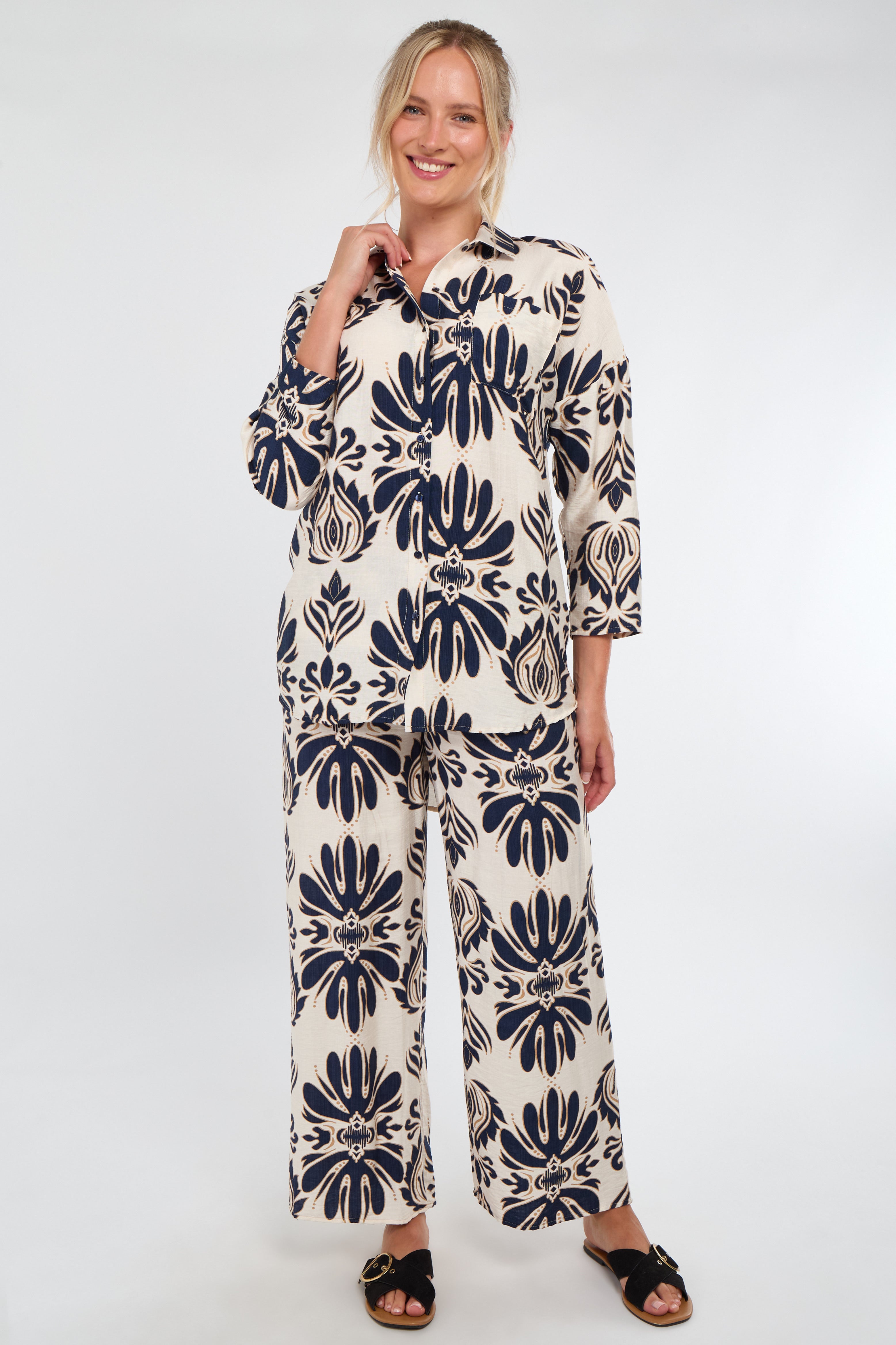 6Pcs Cream and Navy Bold Floral Print Co-Ord Set