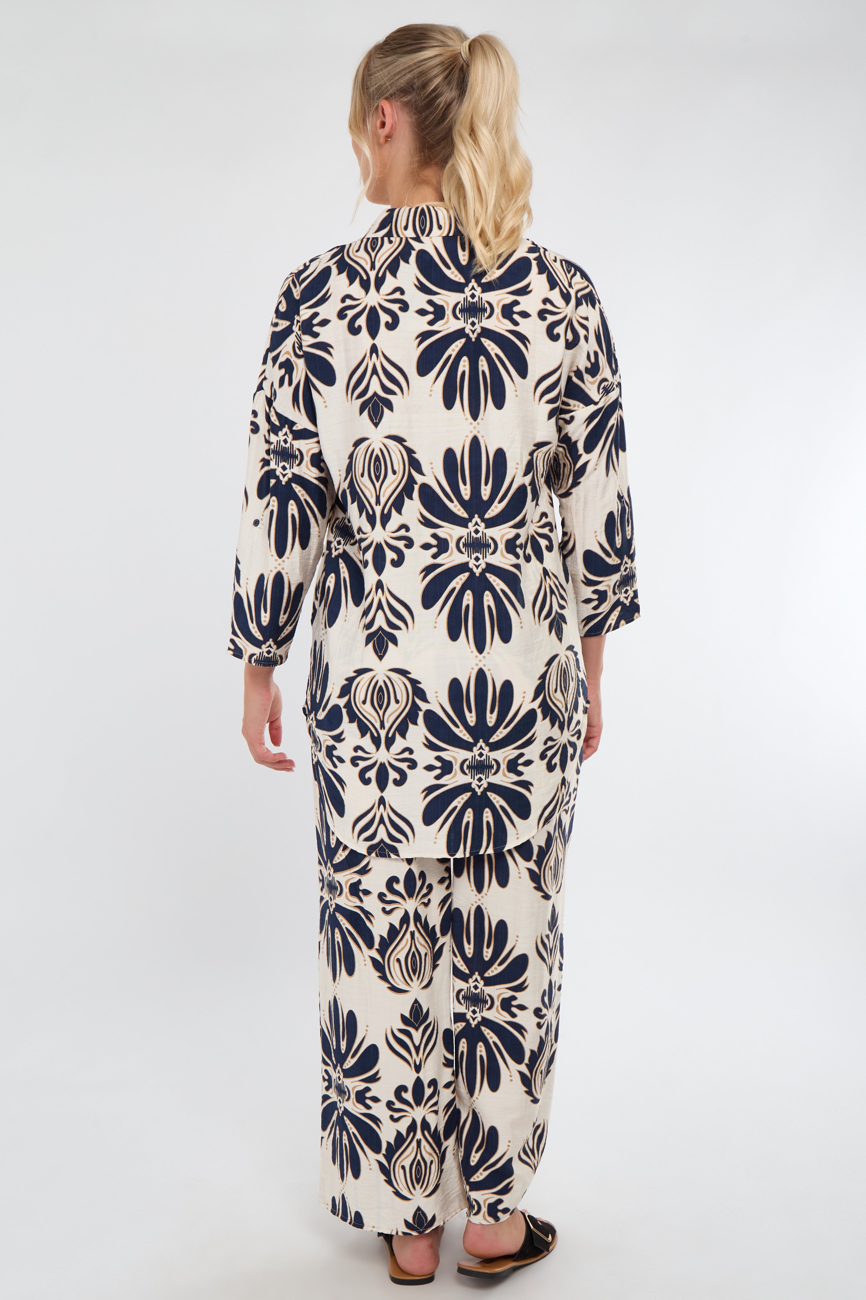 6Pcs Cream and Navy Bold Floral Print Co-Ord Set