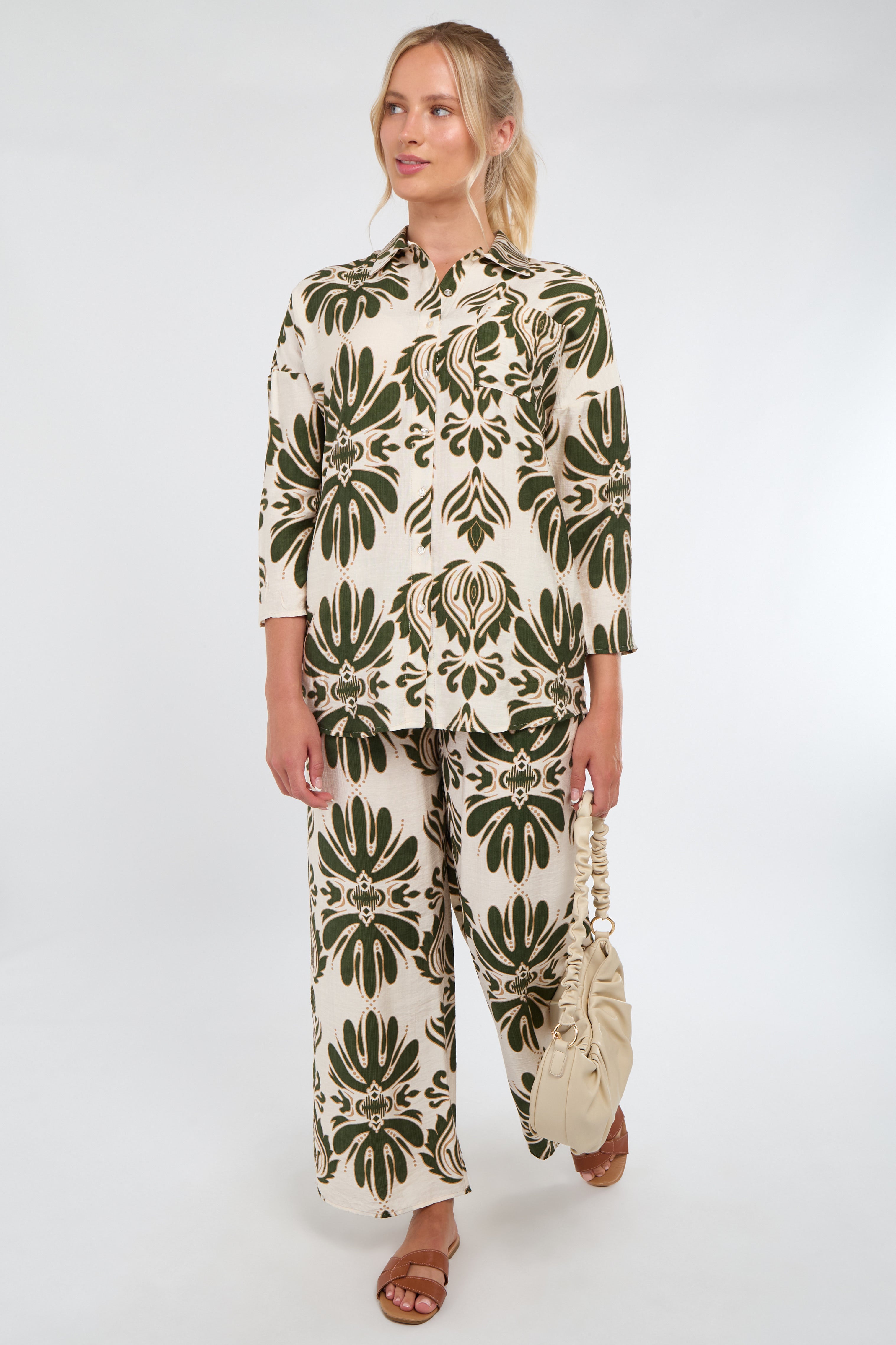 6Pcs Cream and Olive Bold Floral Print Co-Ord Set