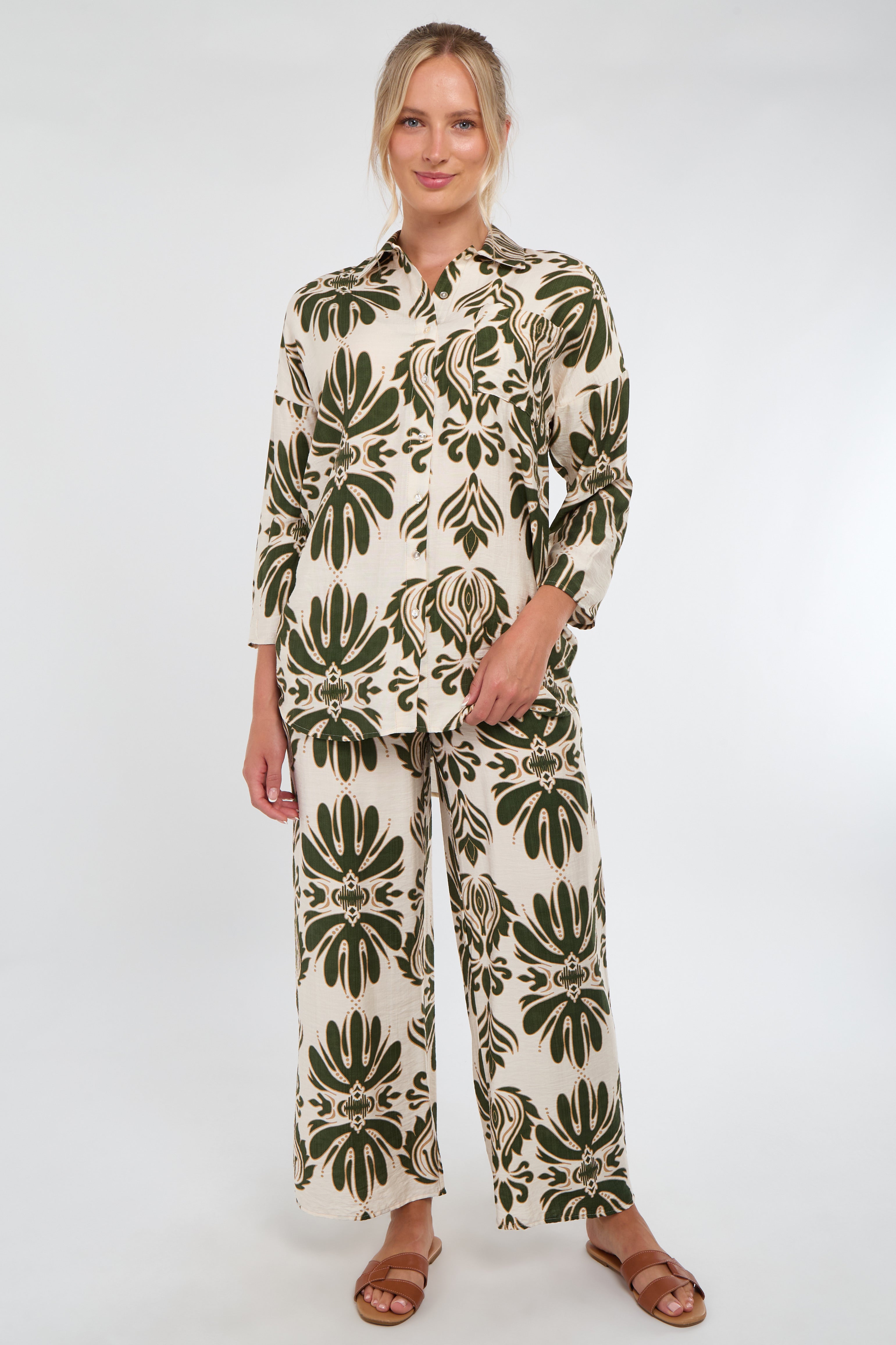 6Pcs Cream and Olive Bold Floral Print Co-Ord Set