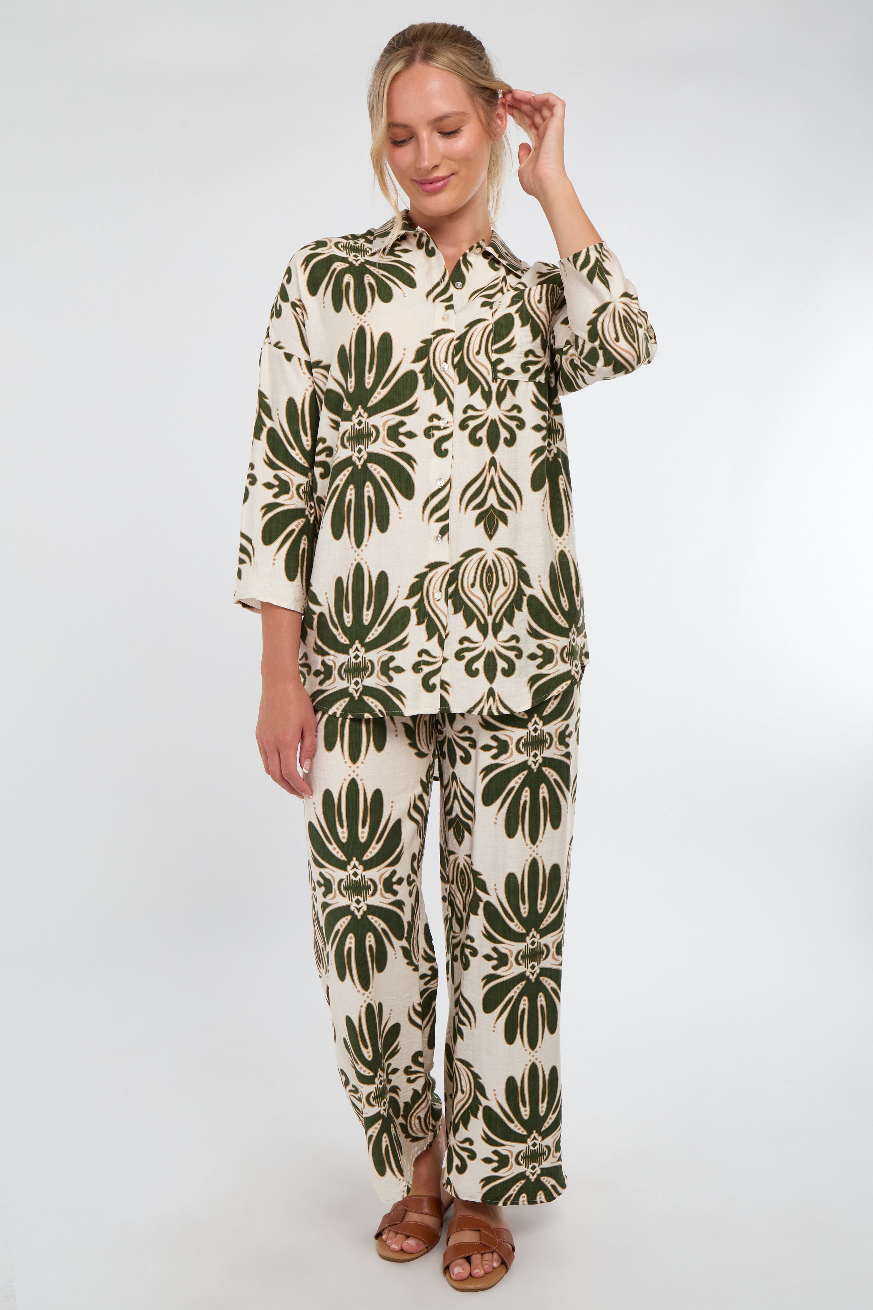 6Pcs Cream and Olive Bold Floral Print Co-Ord Set