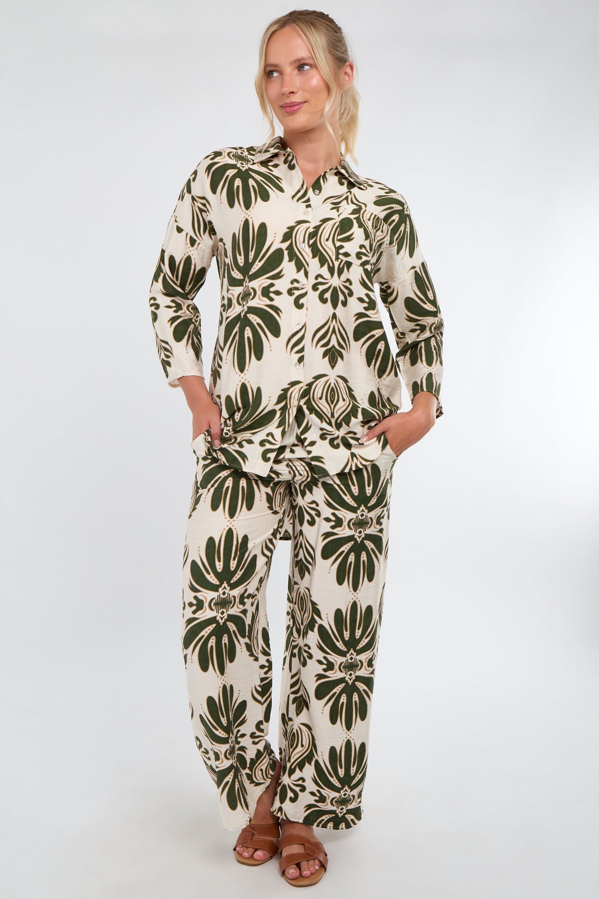 6Pcs Cream and Olive Bold Floral Print Co-Ord Set
