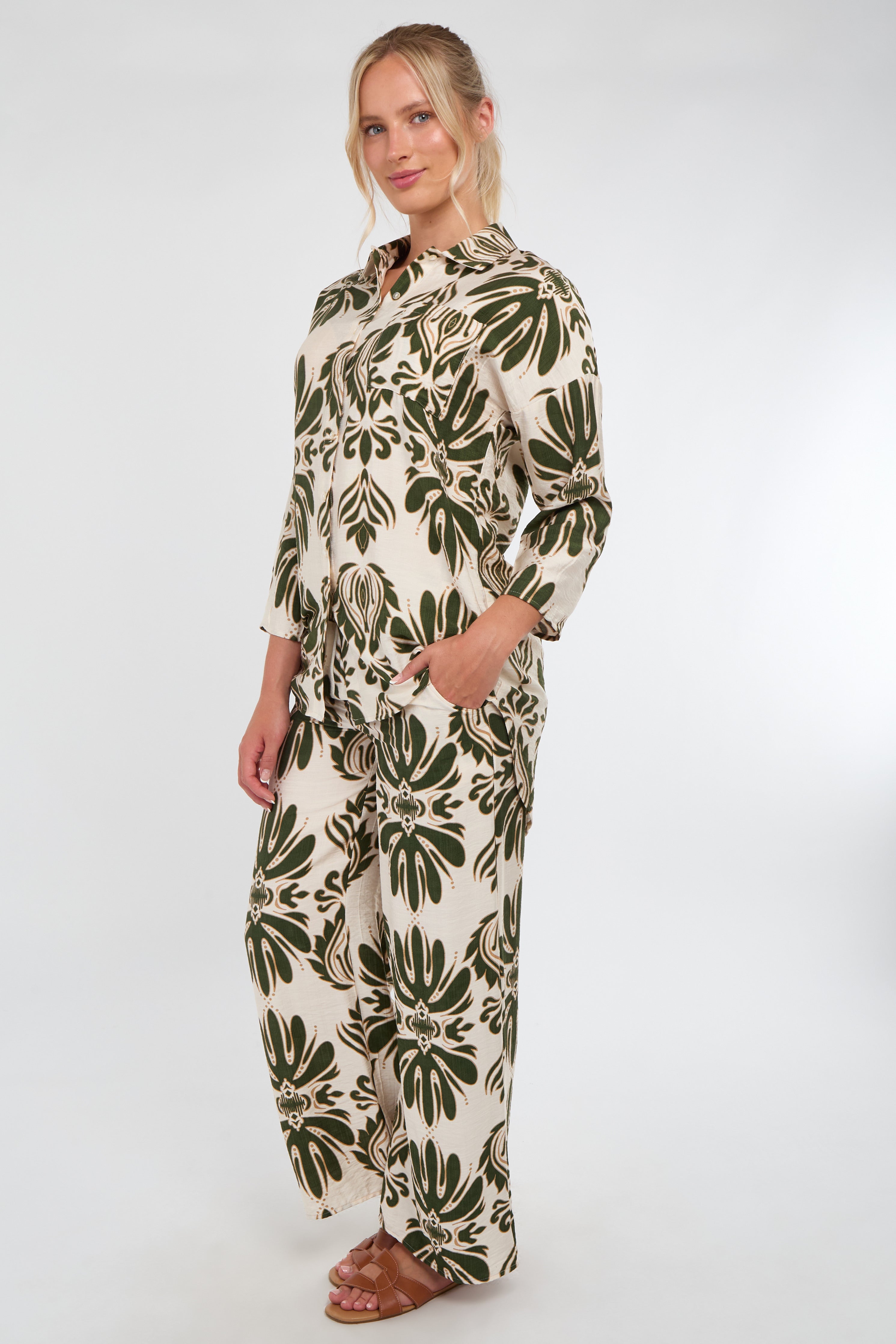 6Pcs Cream and Olive Bold Floral Print Co-Ord Set