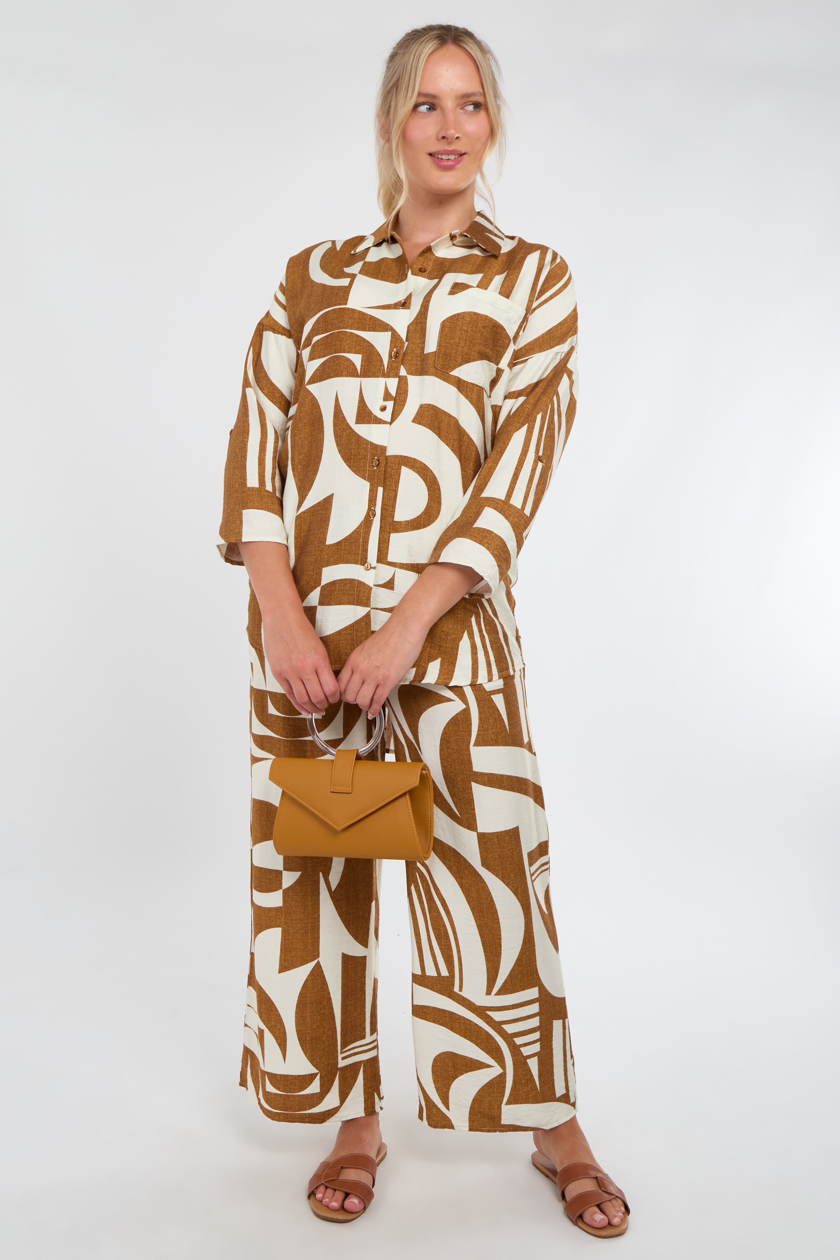 6Pcs Brown and Cream Abstract Geo Print Co-Ord Set