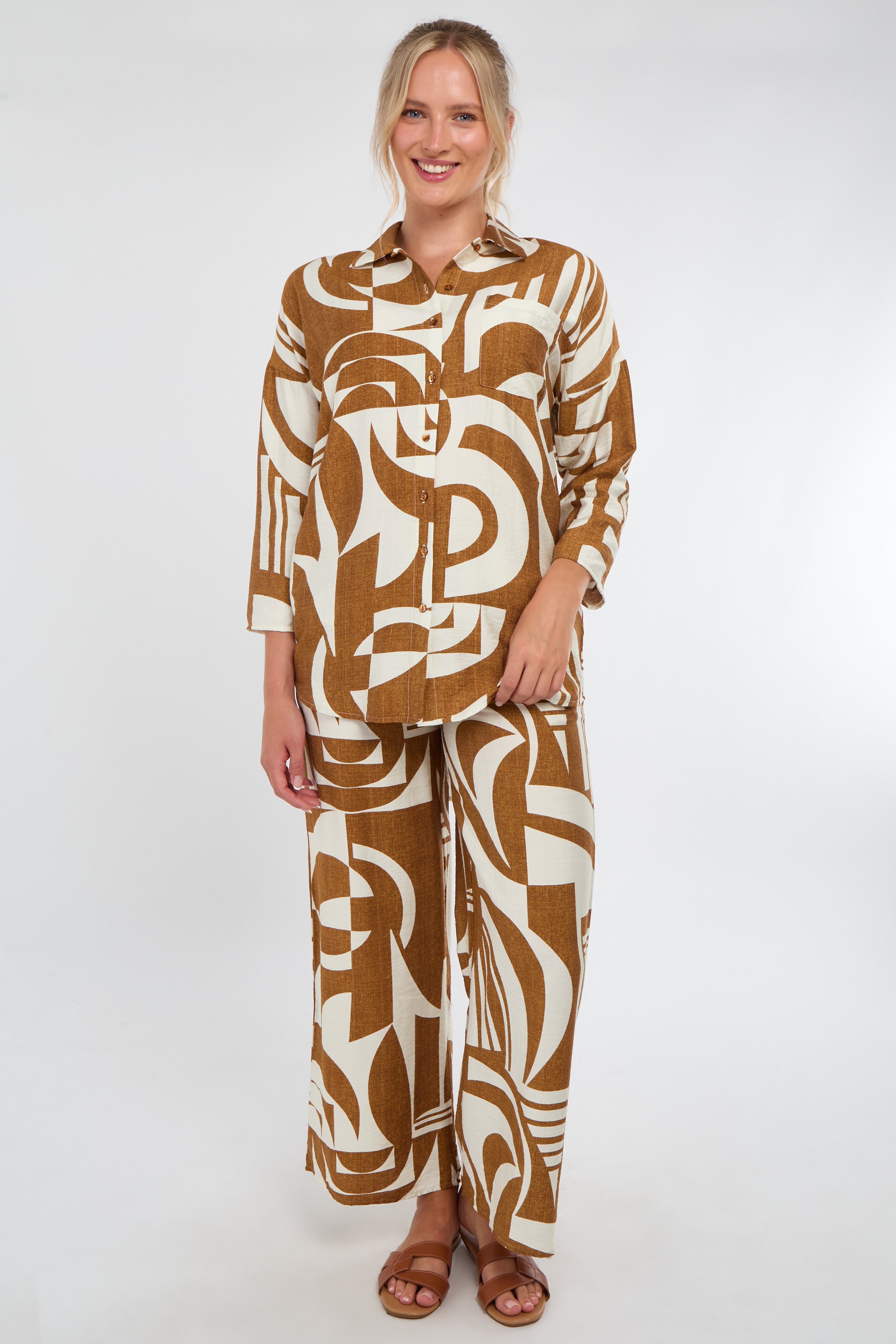 6Pcs Brown and Cream Abstract Geo Print Co-Ord Set