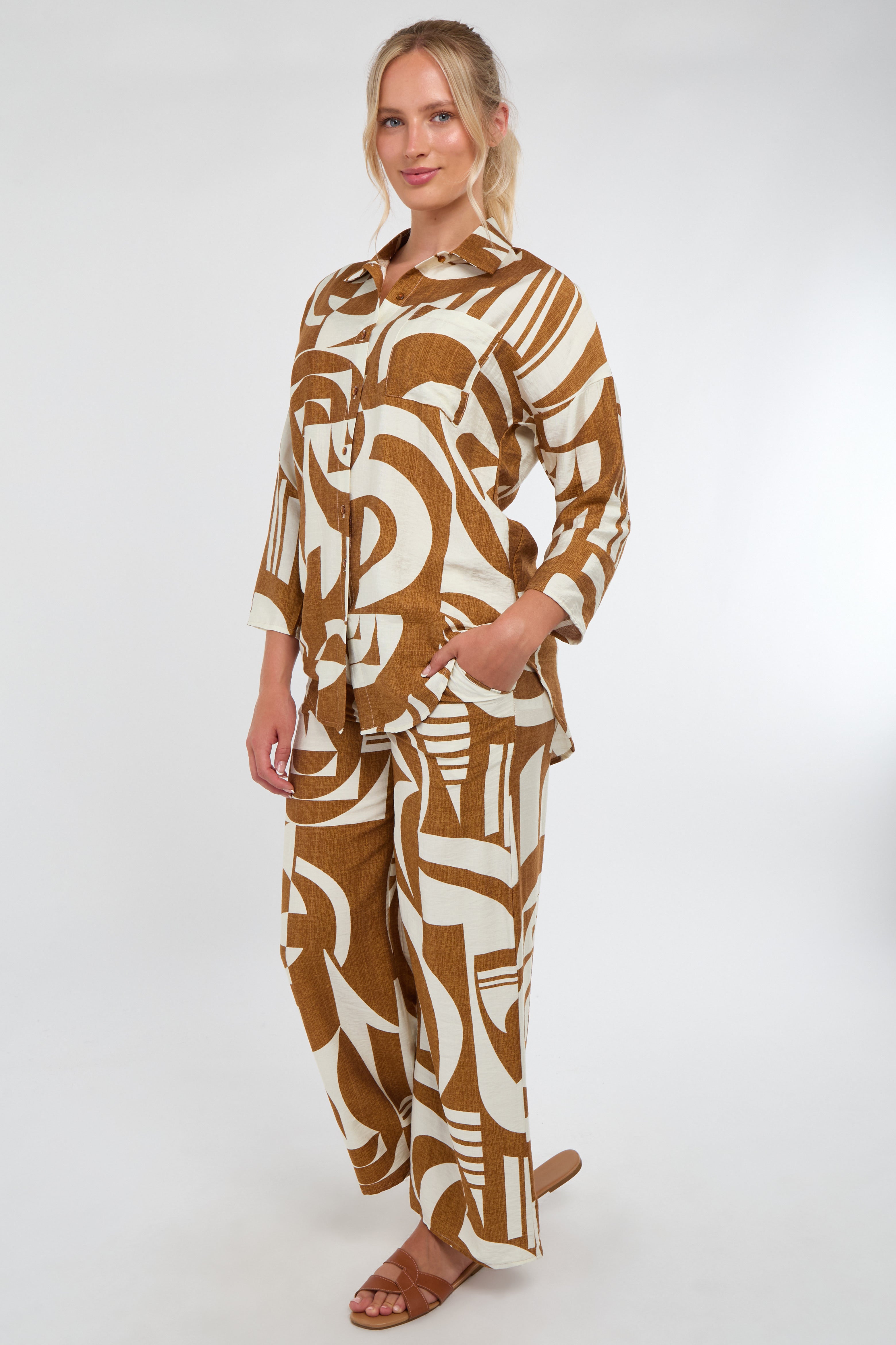 6Pcs Brown and Cream Abstract Geo Print Co-Ord Set