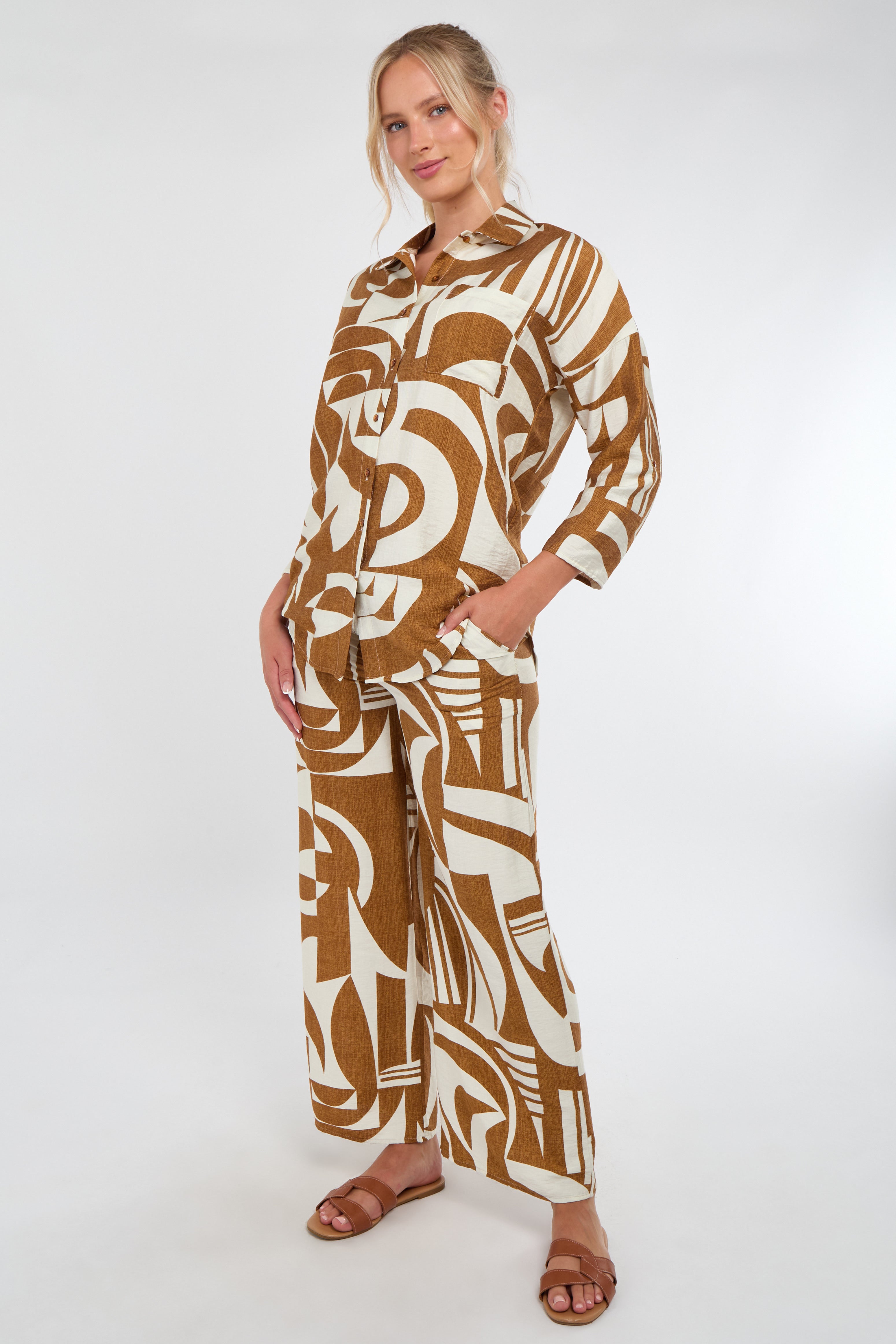 6Pcs Brown and Cream Abstract Geo Print Co-Ord Set