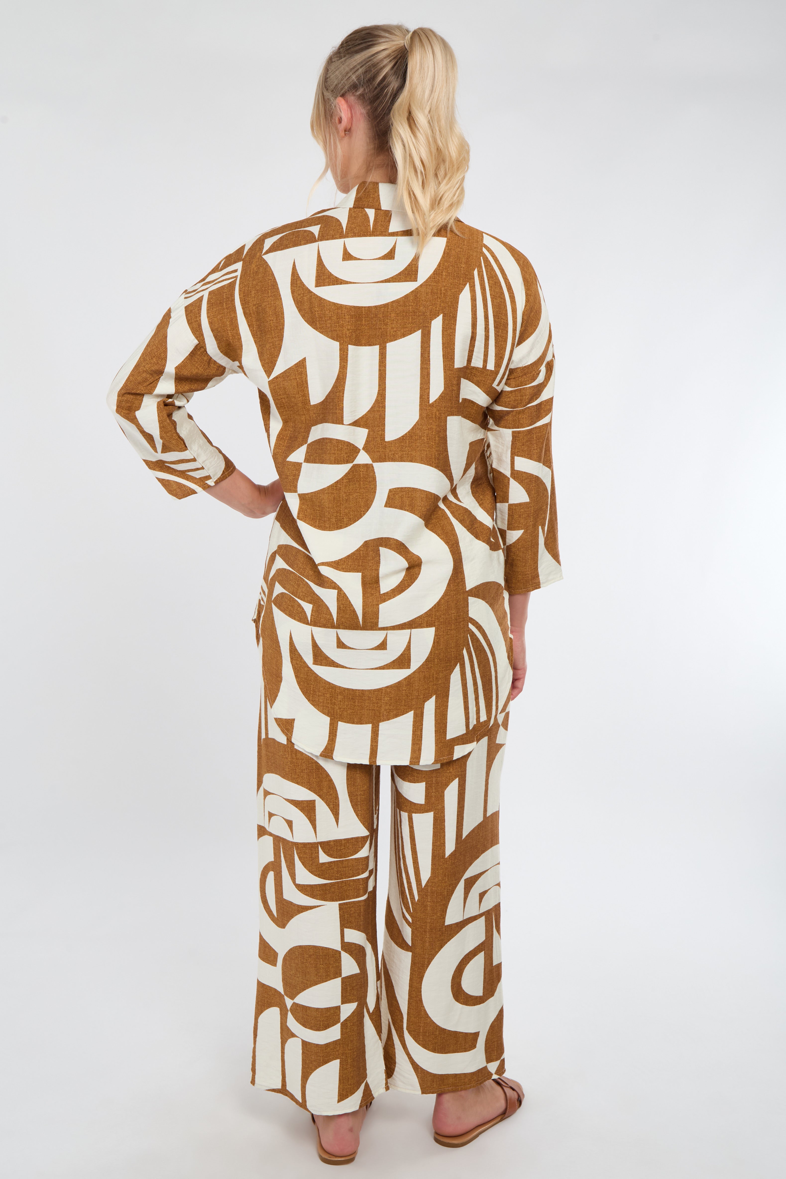 6Pcs Brown and Cream Abstract Geo Print Co-Ord Set