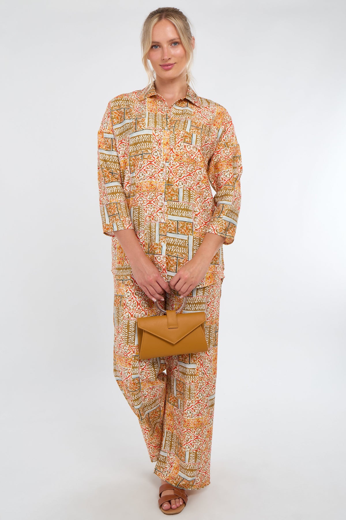 6Pcs Orange Patchwork Print Co-Ord Set