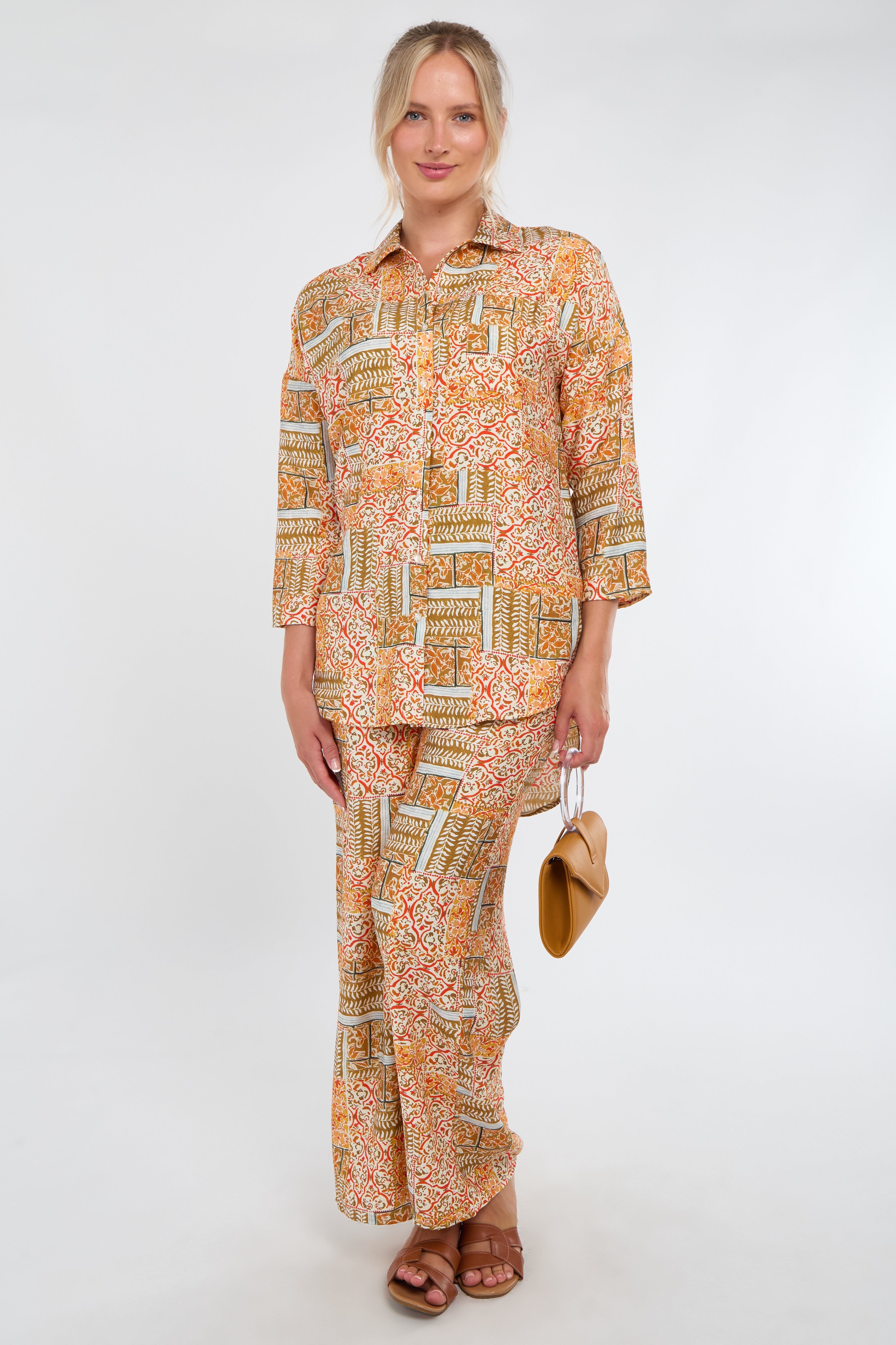 6Pcs Orange Patchwork Print Co-Ord Set