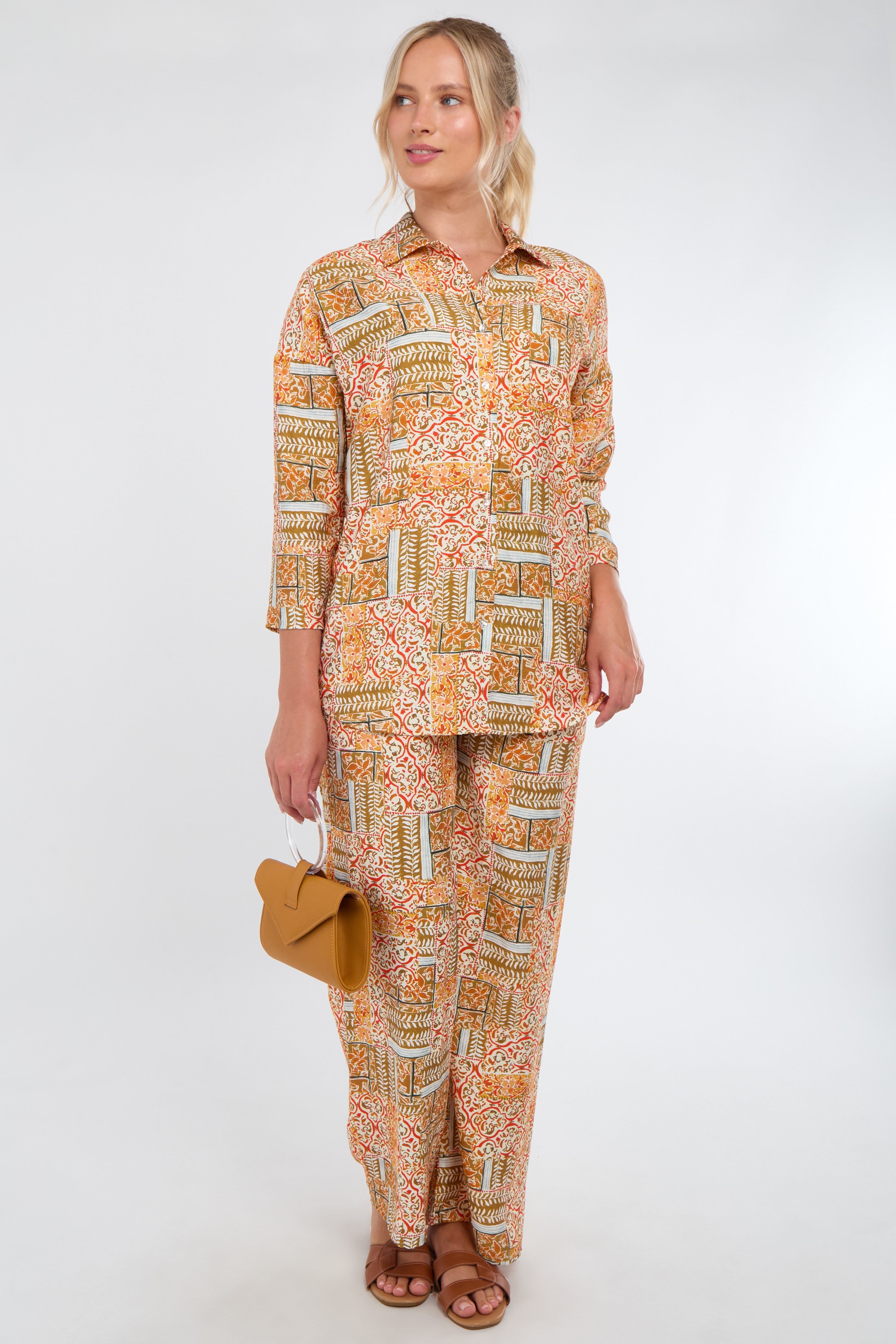 6Pcs Orange Patchwork Print Co-Ord Set