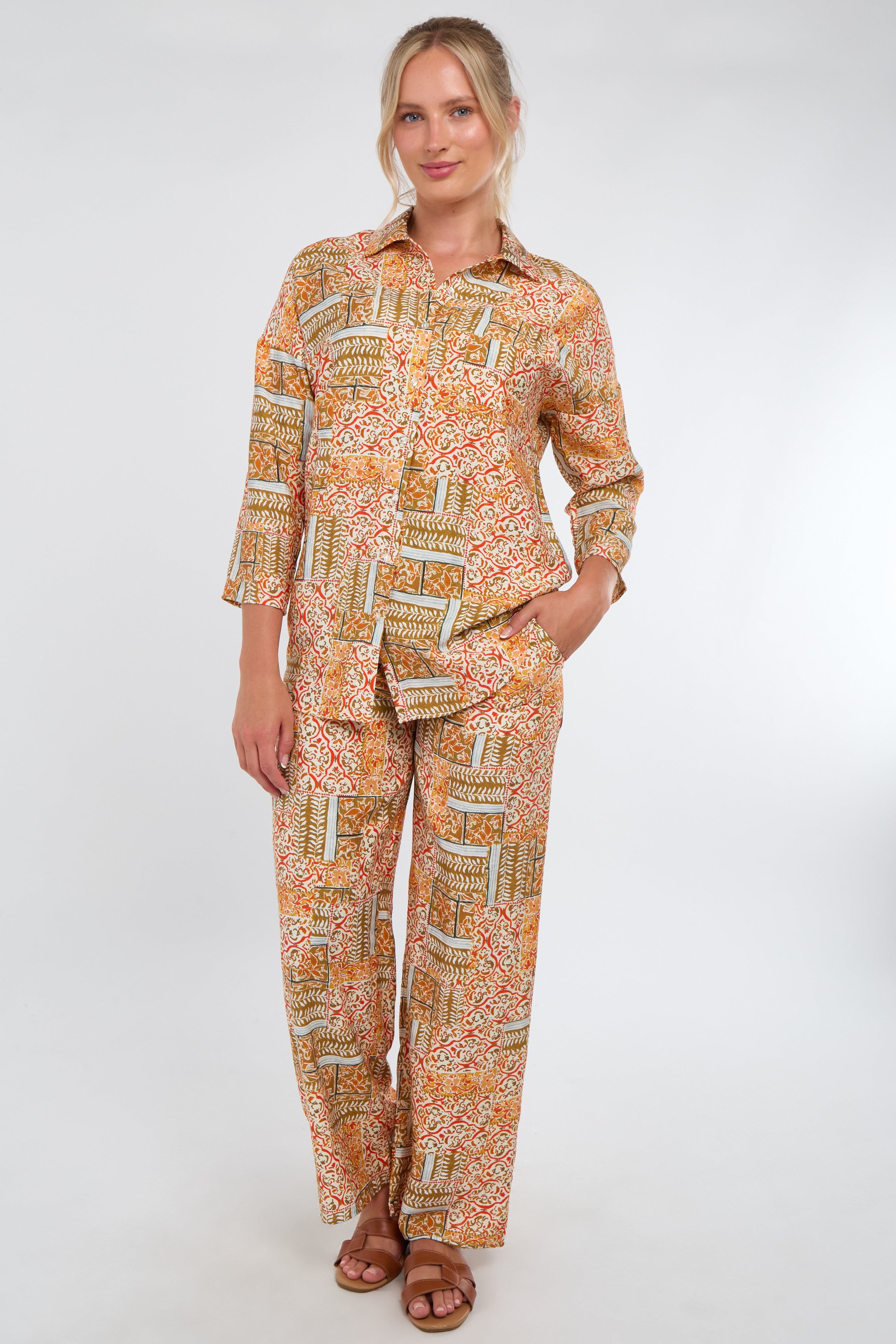 6Pcs Orange Patchwork Print Co-Ord Set