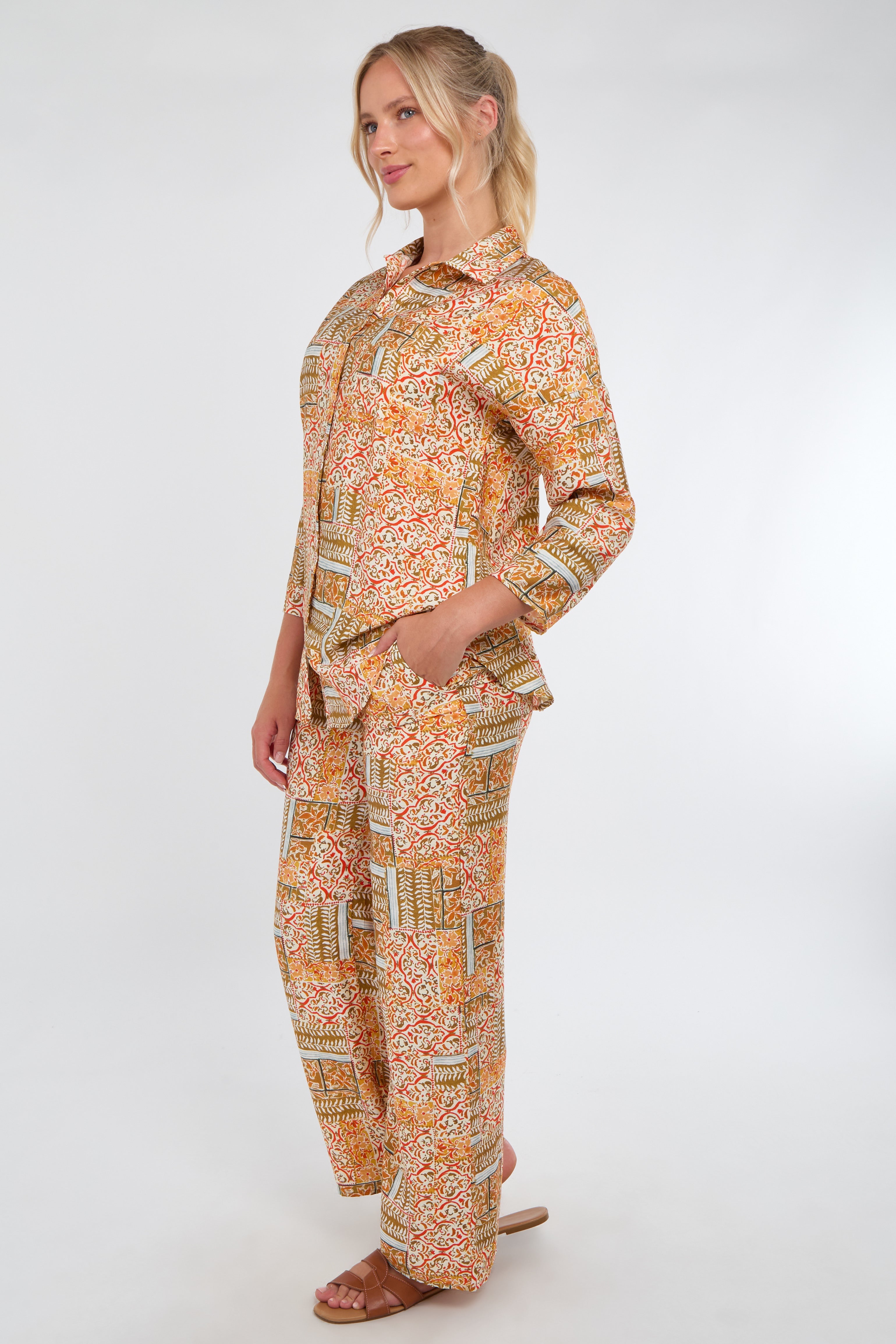 6Pcs Orange Patchwork Print Co-Ord Set