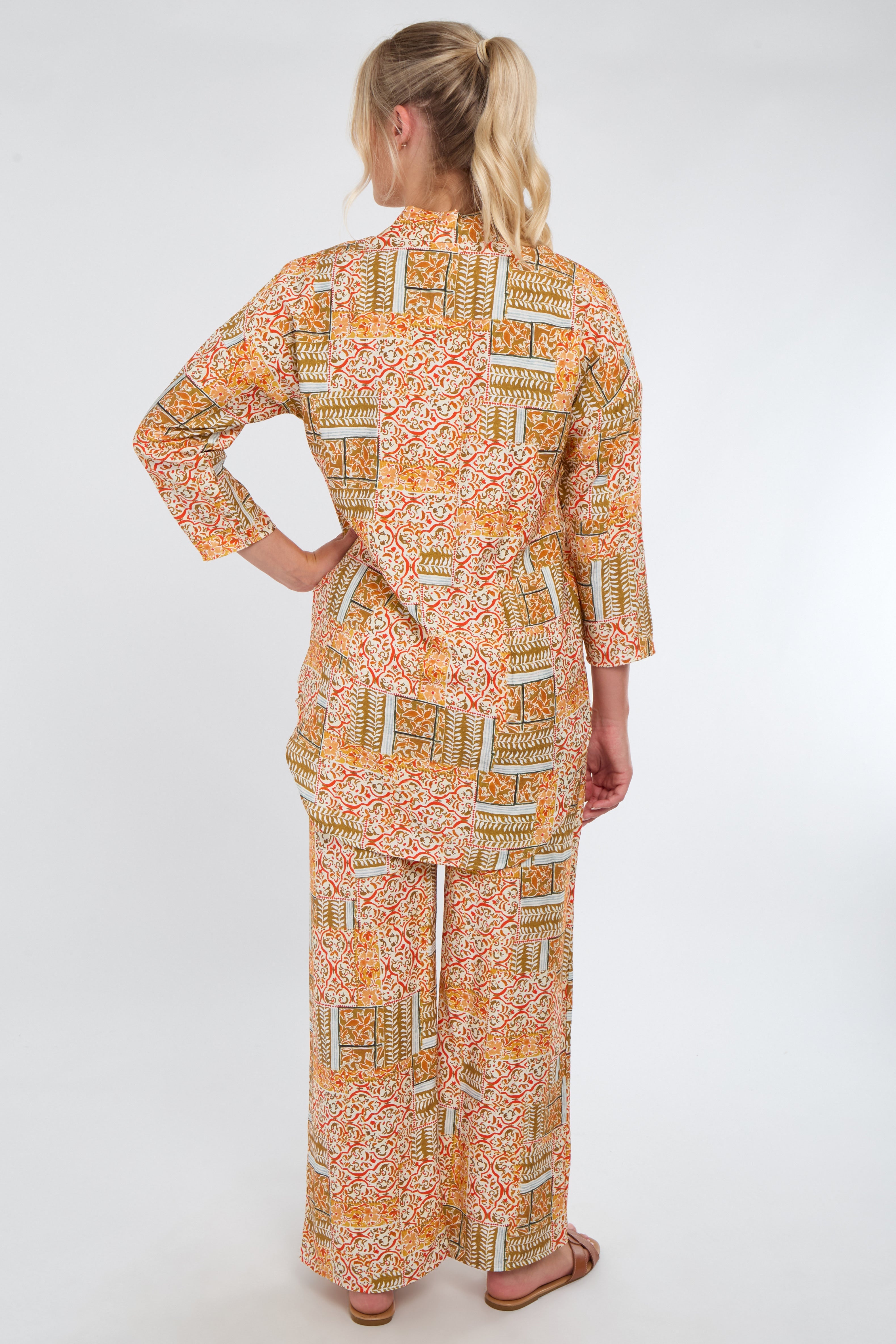 6Pcs Orange Patchwork Print Co-Ord Set