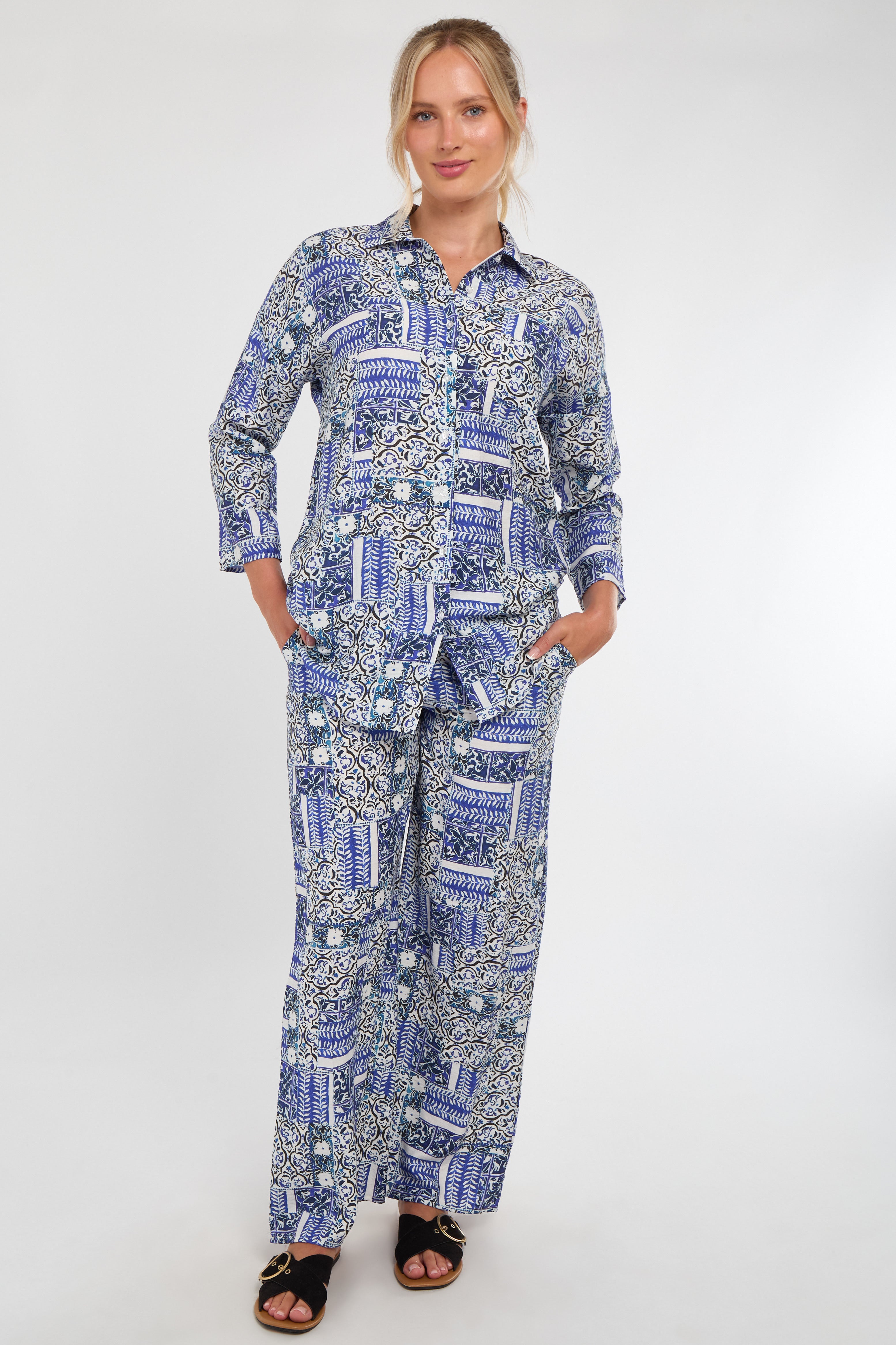 6Pcs Blue Patchwork Print Co-Ord Set
