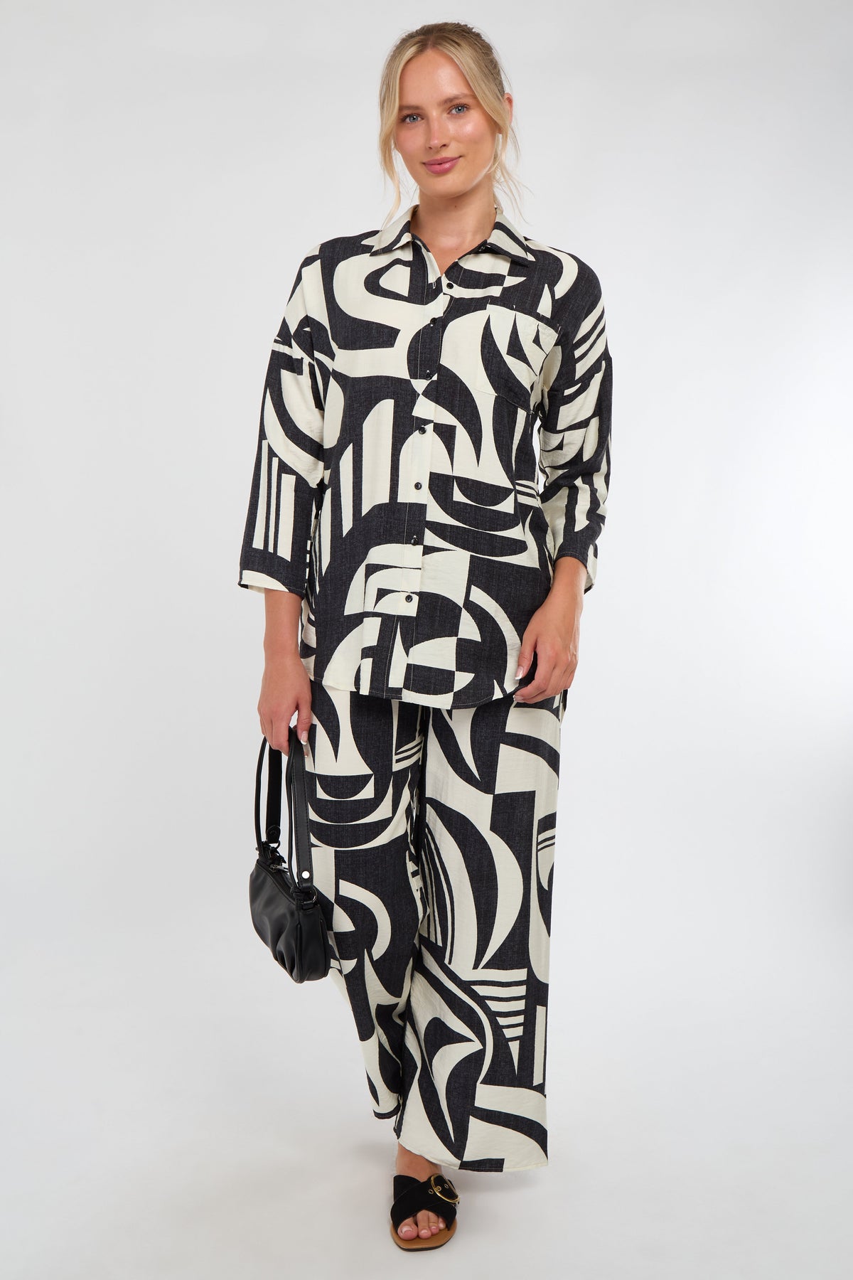 6Pcs Black and Cream Abstract Geo Print Co-Ord Set