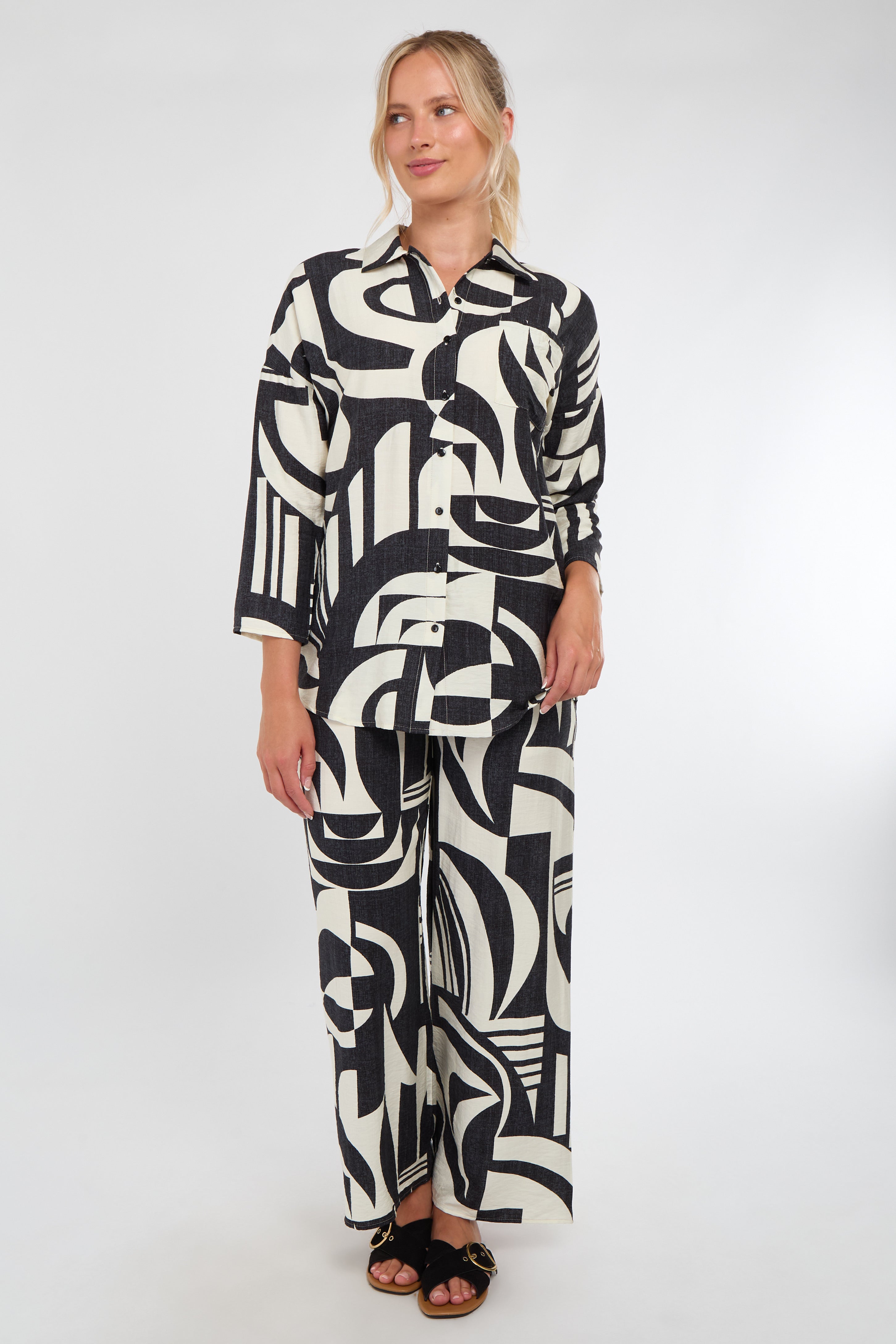 6Pcs Black and Cream Abstract Geo Print Co-Ord Set