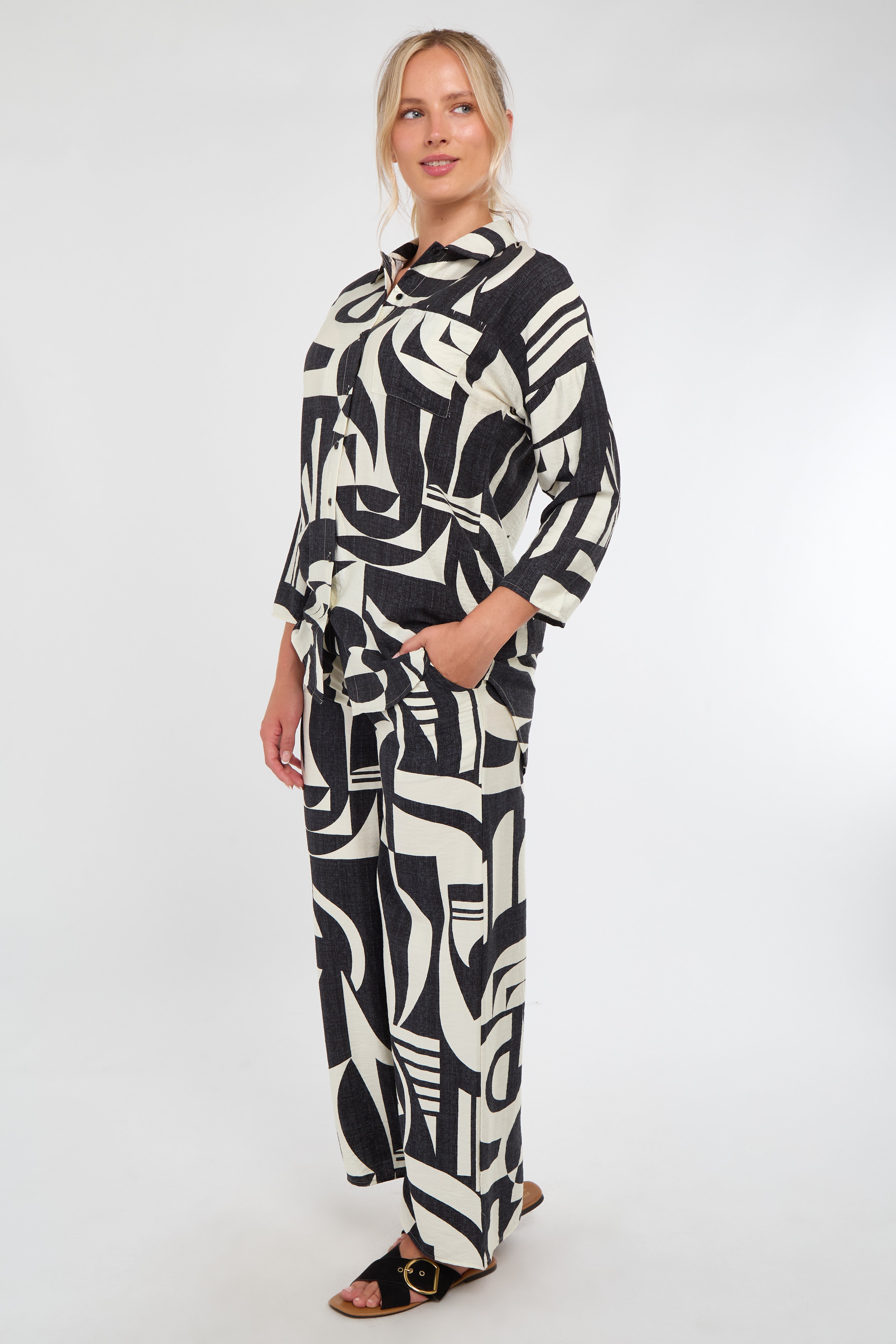 6Pcs Black and Cream Abstract Geo Print Co-Ord Set
