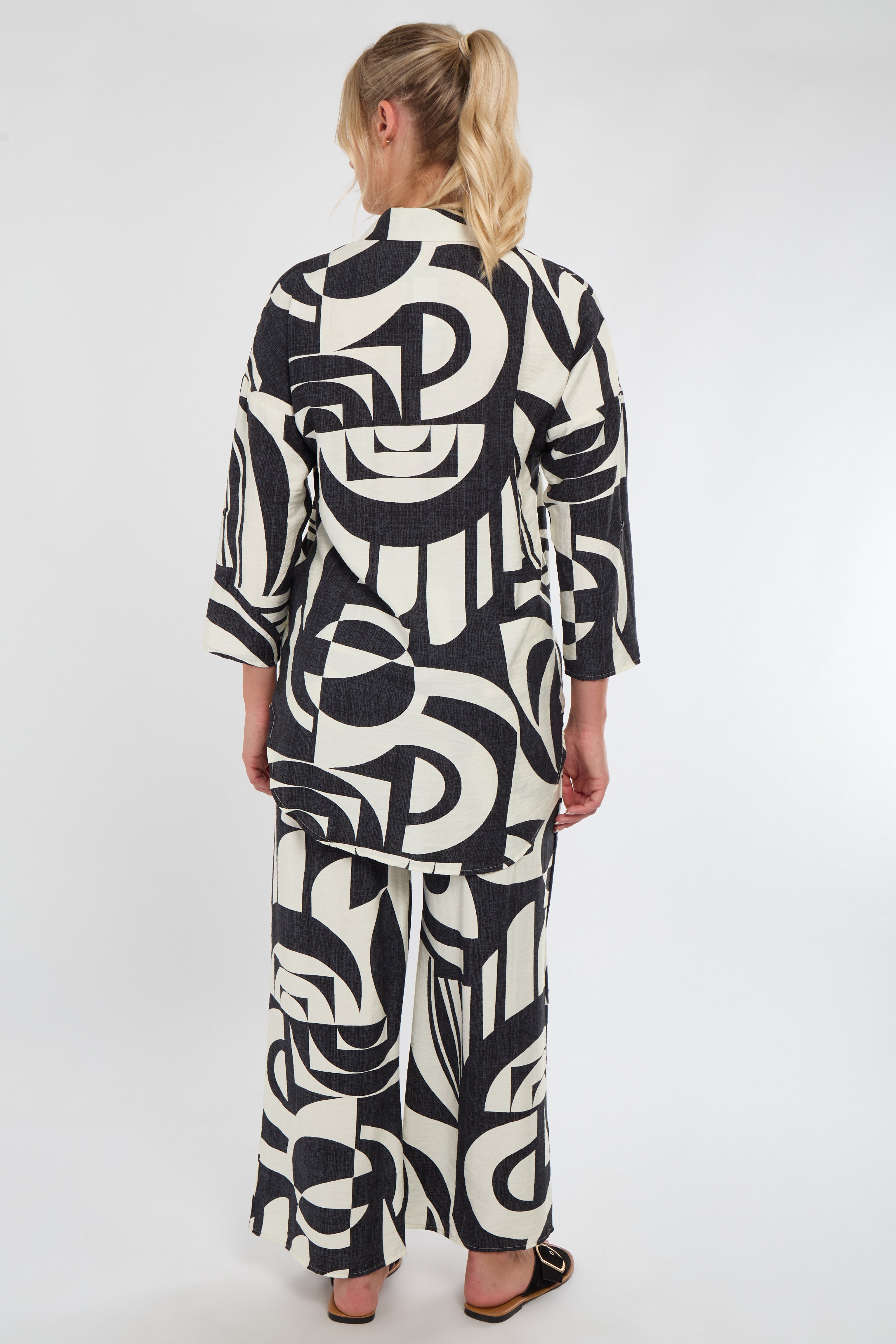 6Pcs Black and Cream Abstract Geo Print Co-Ord Set