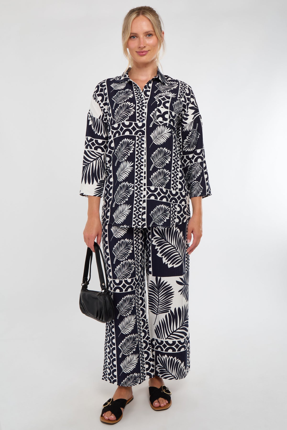6Pcs Navy and White Tropical Patch Print Co-Ord Set