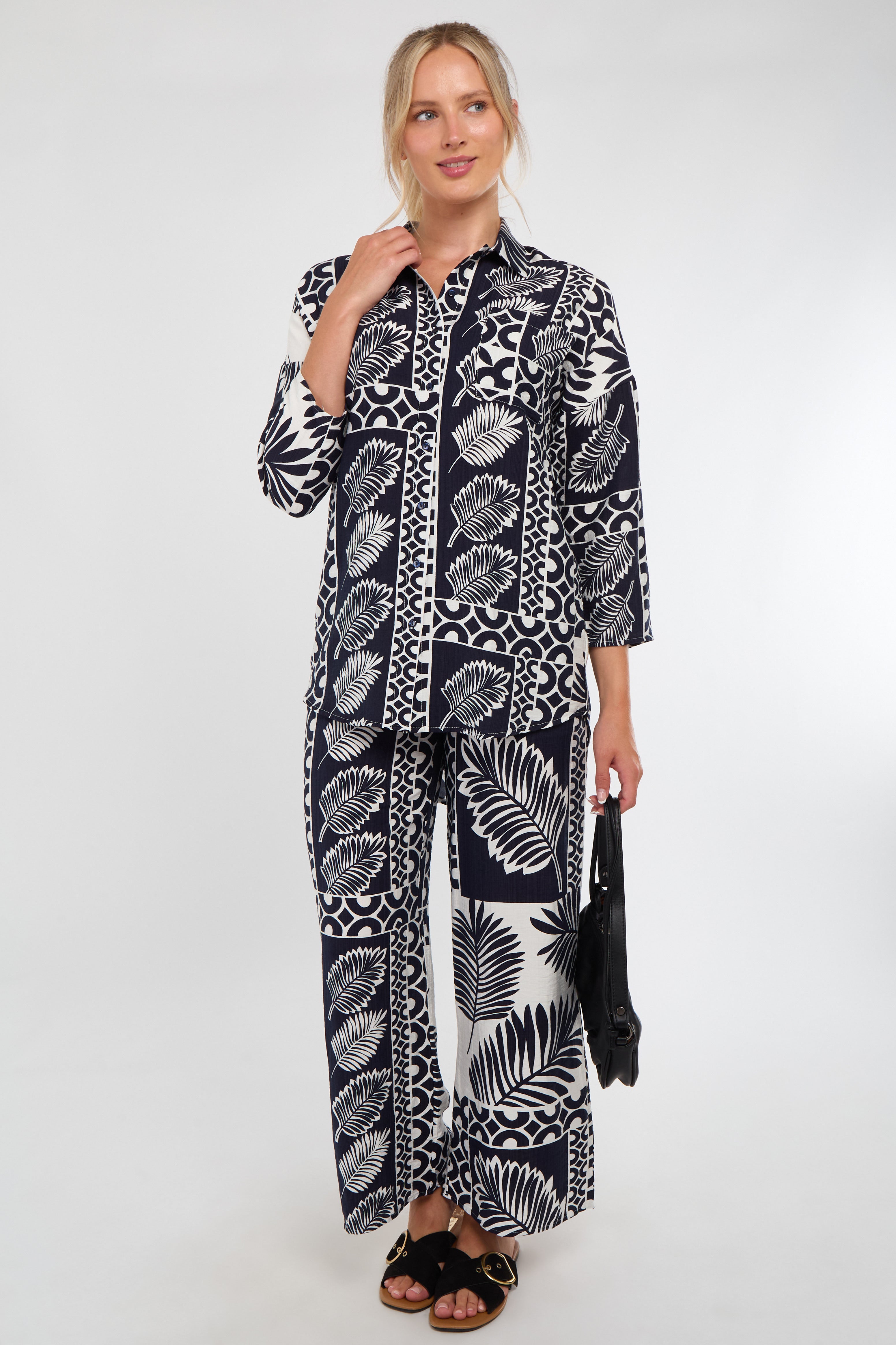 6Pcs Navy and White Tropical Patch Print Co-Ord Set